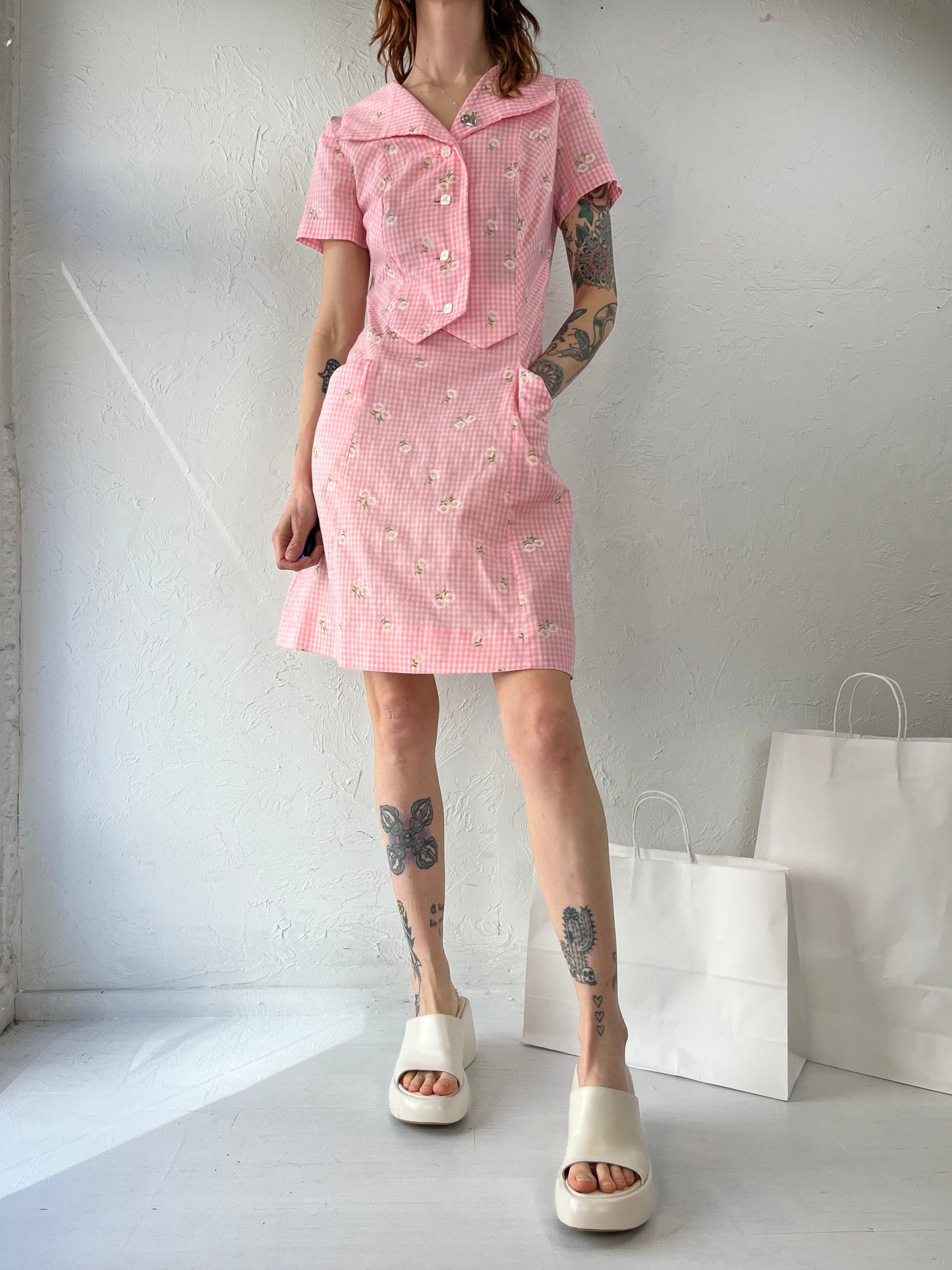 70s Handmade Pink Gingham Collared Mini Dress / Small