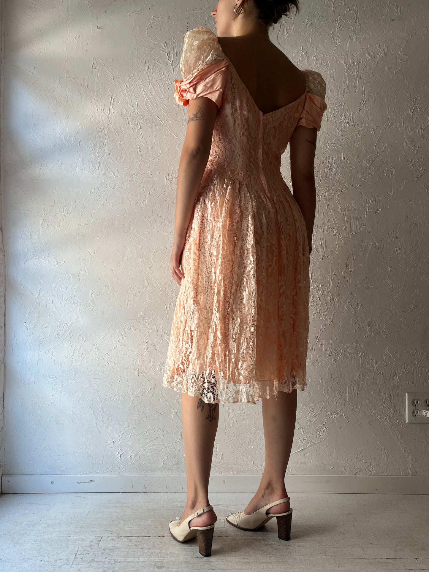 80s 'Nu-Mode' Pink Retro Romanic Lace Formal Midi Dress / Medium