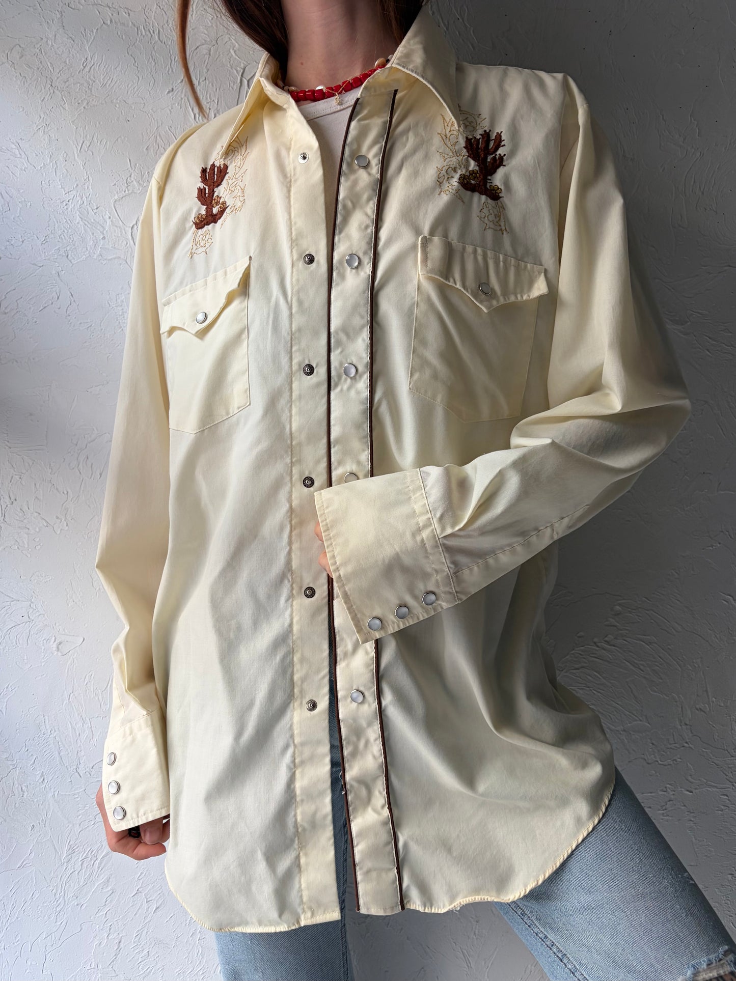 80s 'Barb' Cream Embroidered Western Pearl Snap Up Shirt / Vintage 1980s Cowboy Work Wear Shirt / Large