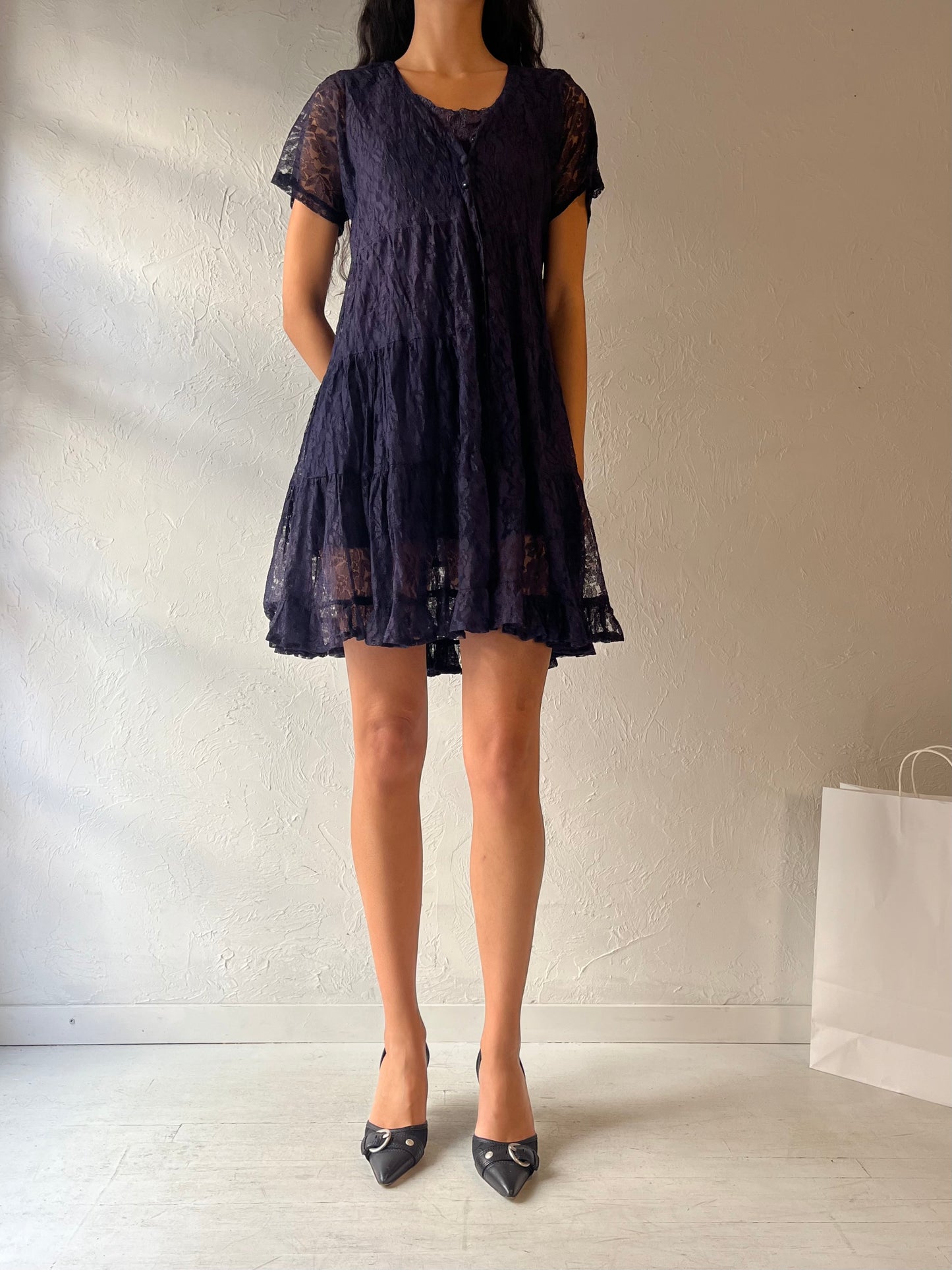 90s 'American Angel' Navy Blue Lace Mini Dress / Small