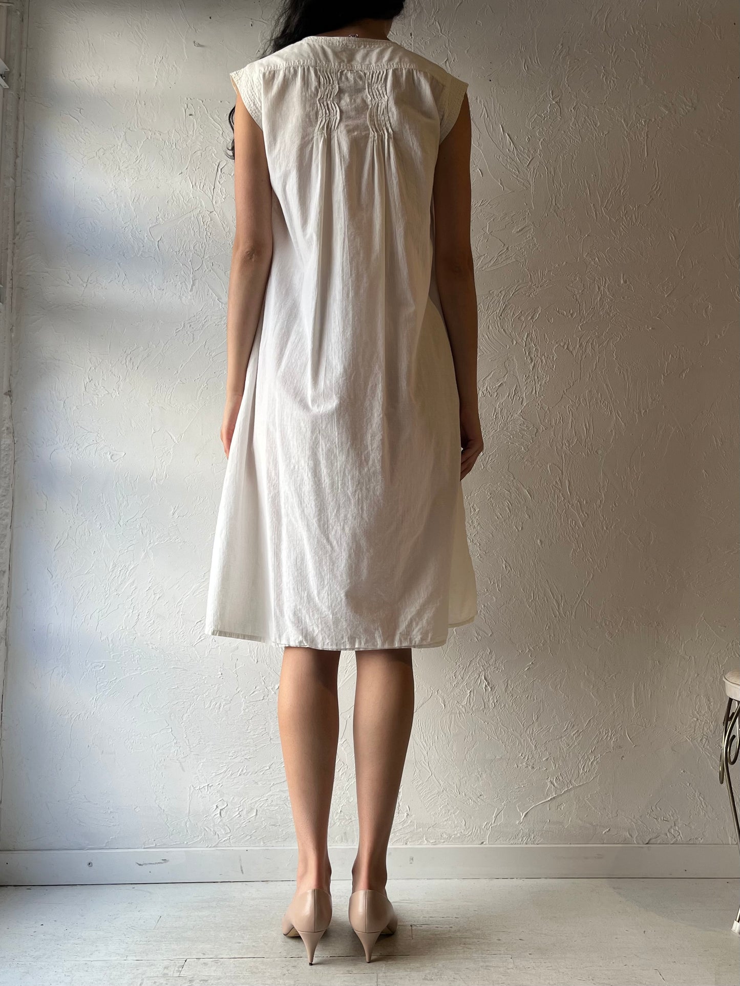 80s 'Punches' White Cotton Cottage Core Midi Dress / Medium