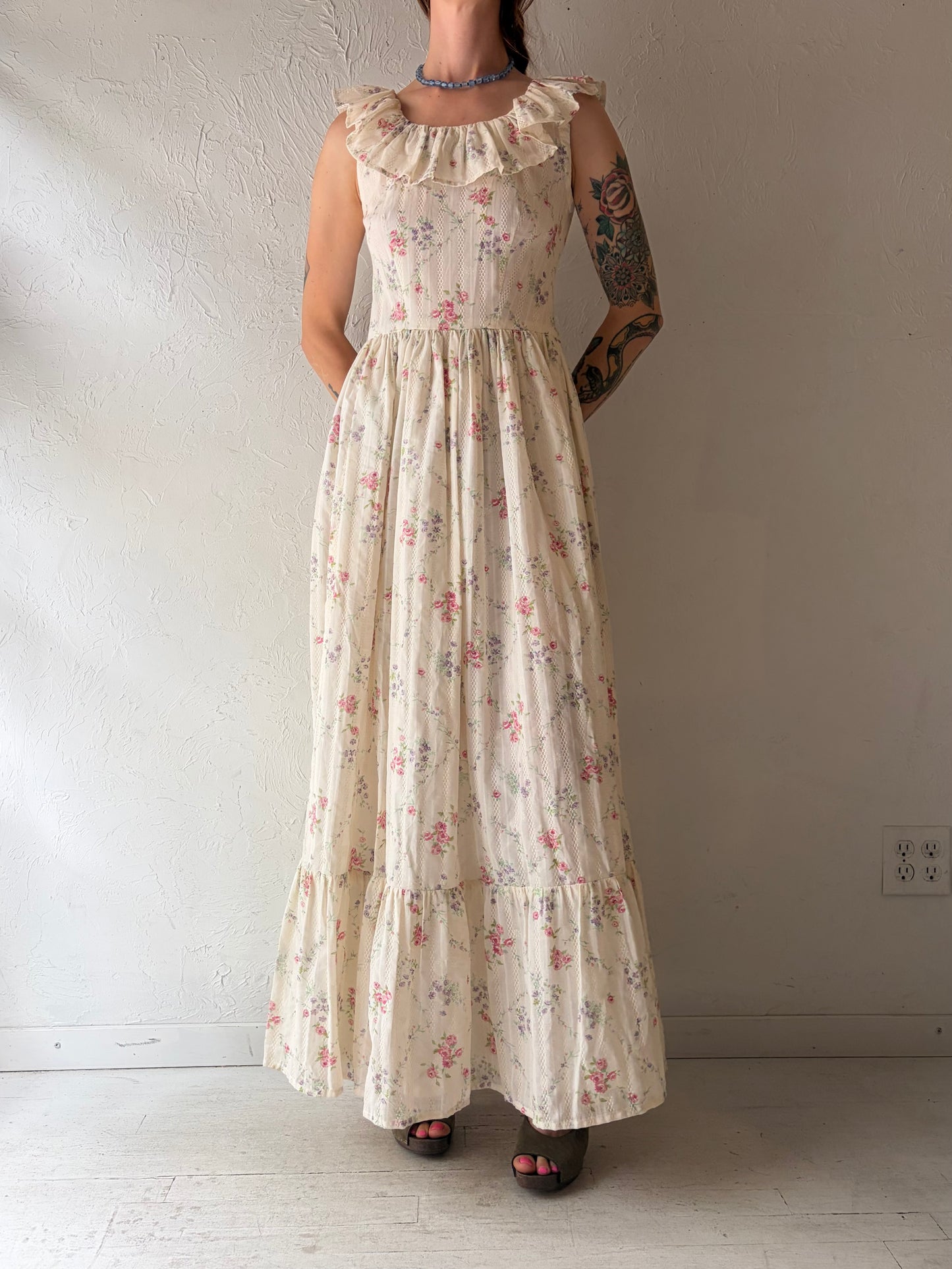Vintage Cream Floral Peasant Dress / Small