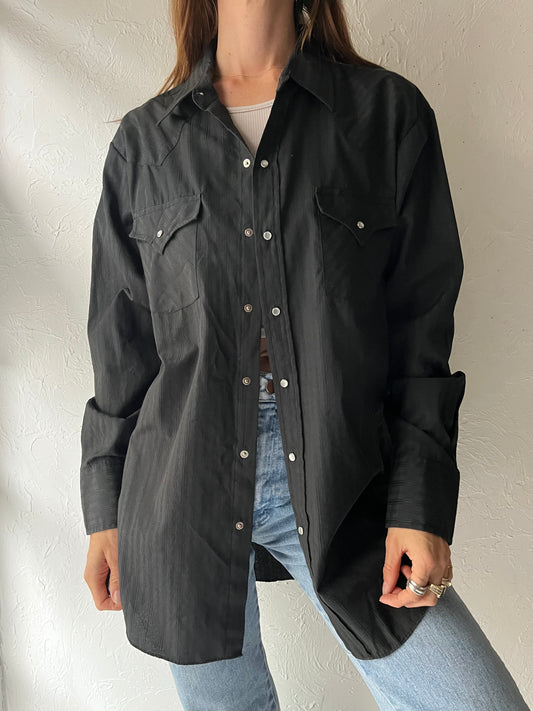 Y2k 'Ely Craftmen' Black Western Minimalist Cowboy Workwear Pearl Snap Up Shirt / Large