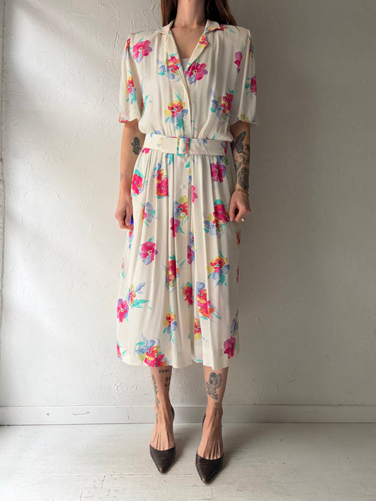 80s 'Chocolates' White Floral Shirt Dress / Vintage 1980s Retro Flowy Summer Midi Dress / Large