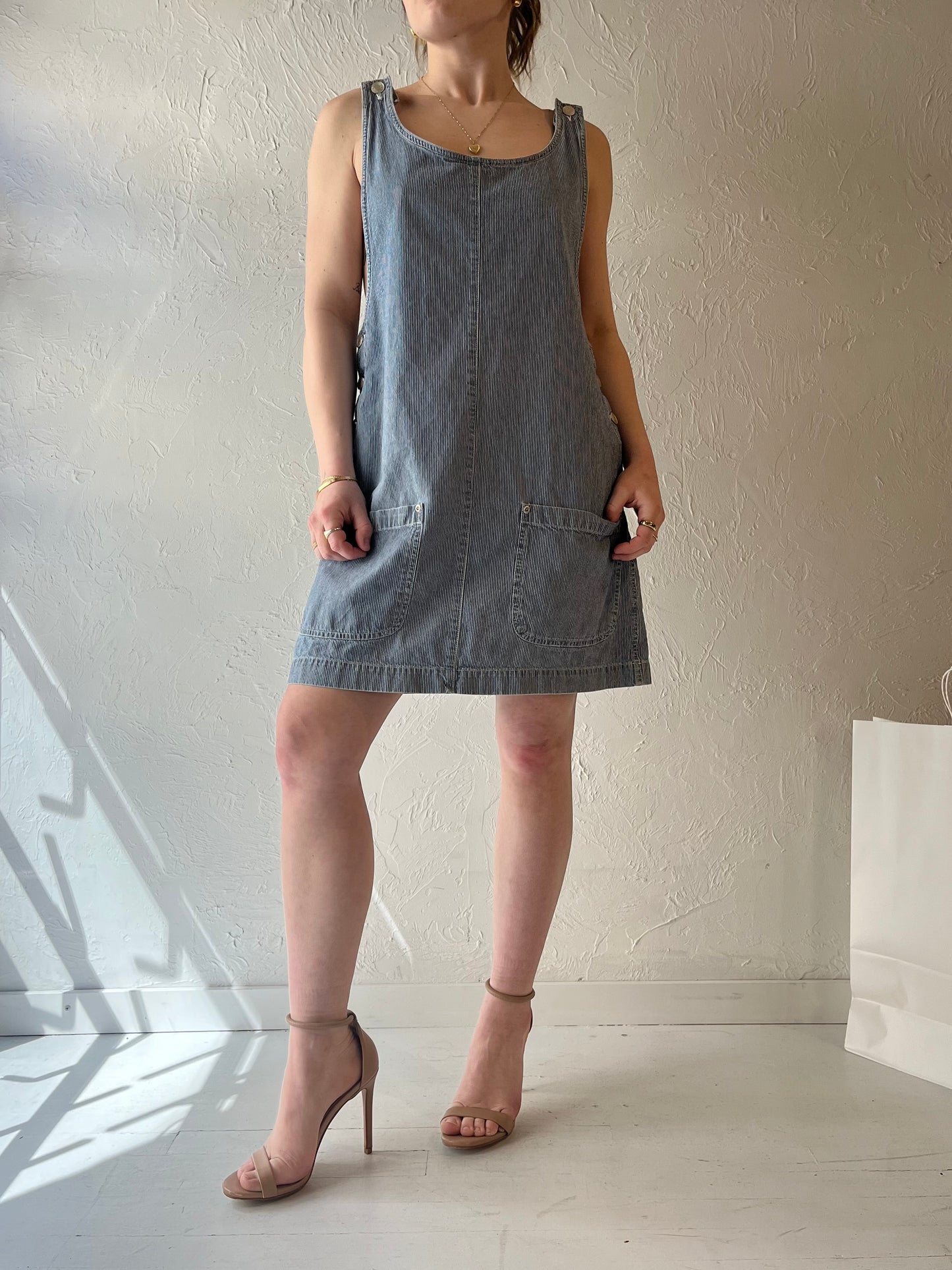 90s 'NY Jeans' Pinstripe Denim Mini Dress / Small