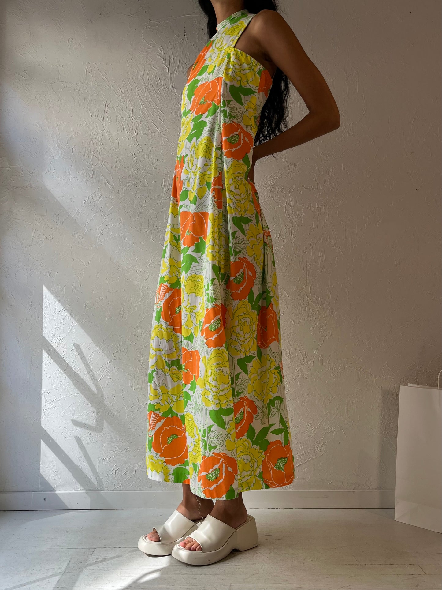 Vintage Handmade Retro Neon Floral Print Maxi Dress / Small