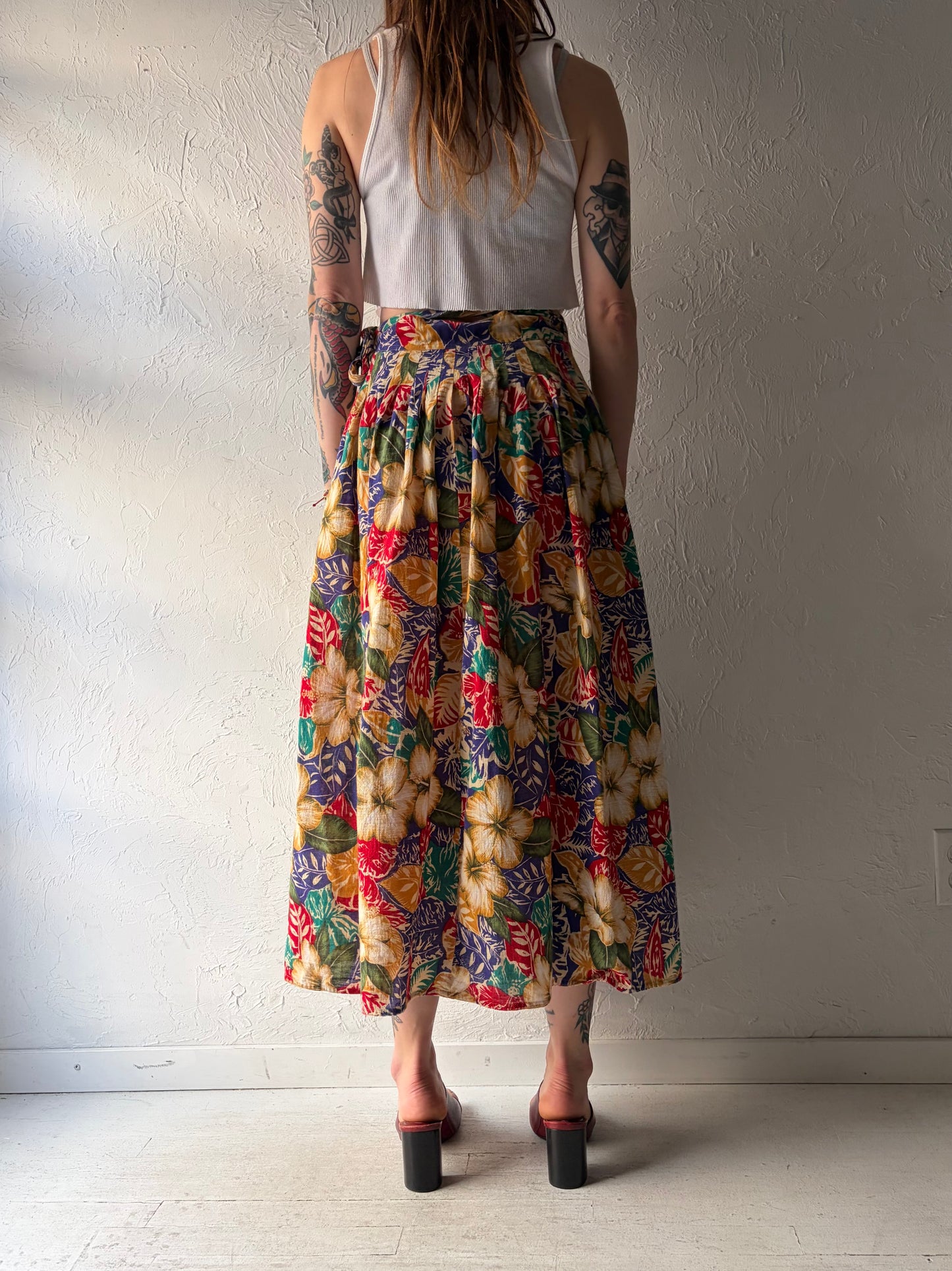 90s 'Liz Sport' Cotton Floral Wrap Skirt / Medium