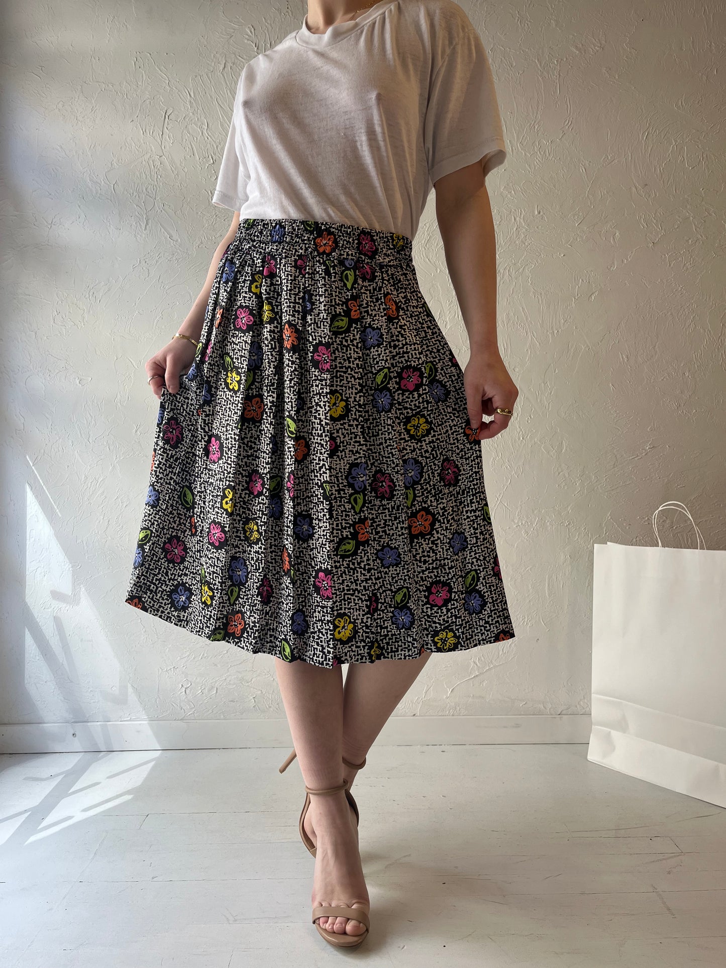 90s Floral Print Midi Skirt / Medium