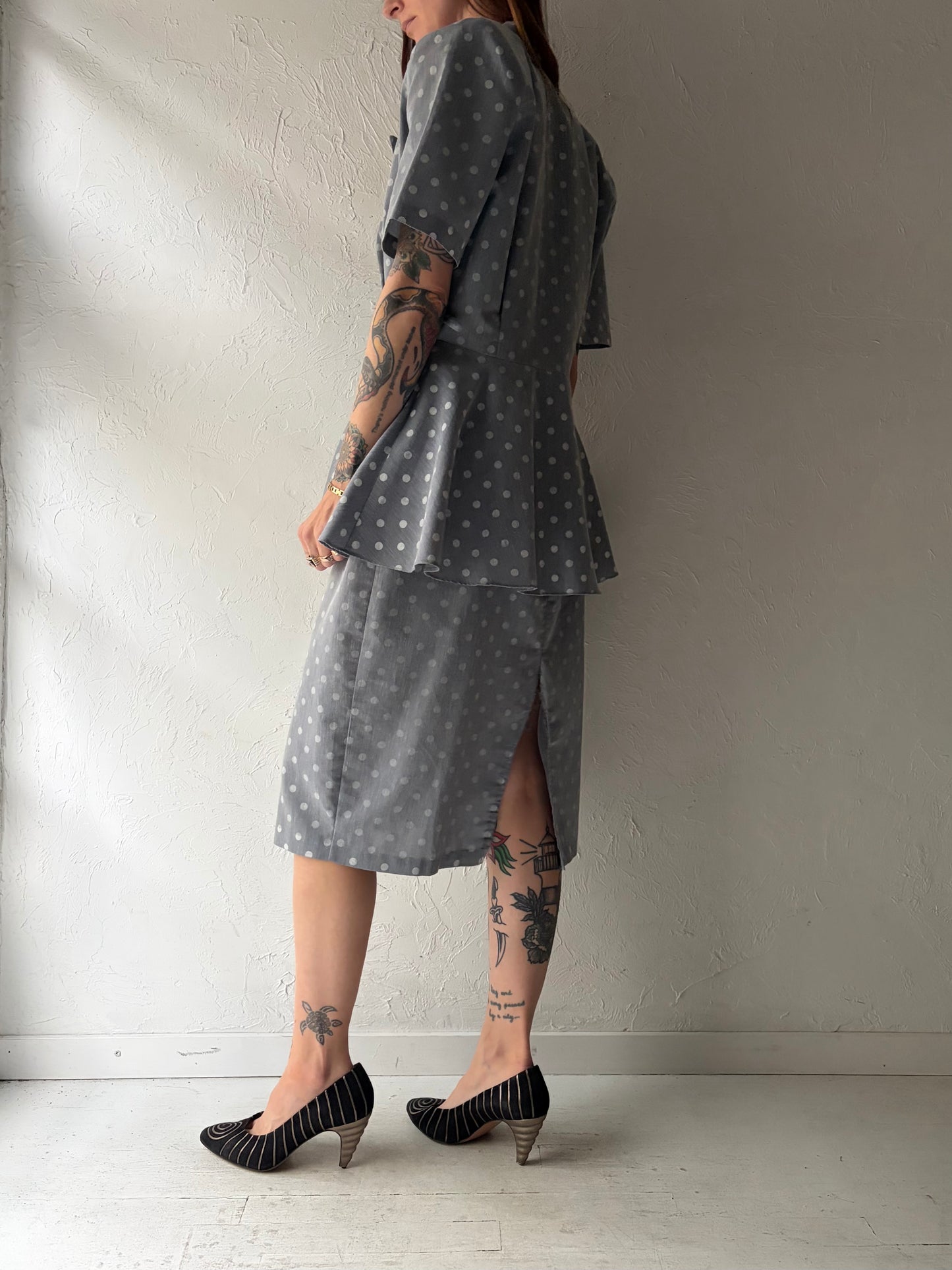80s 'Just D' Vintage Retro Gray Polka Dot Peplum Dress /