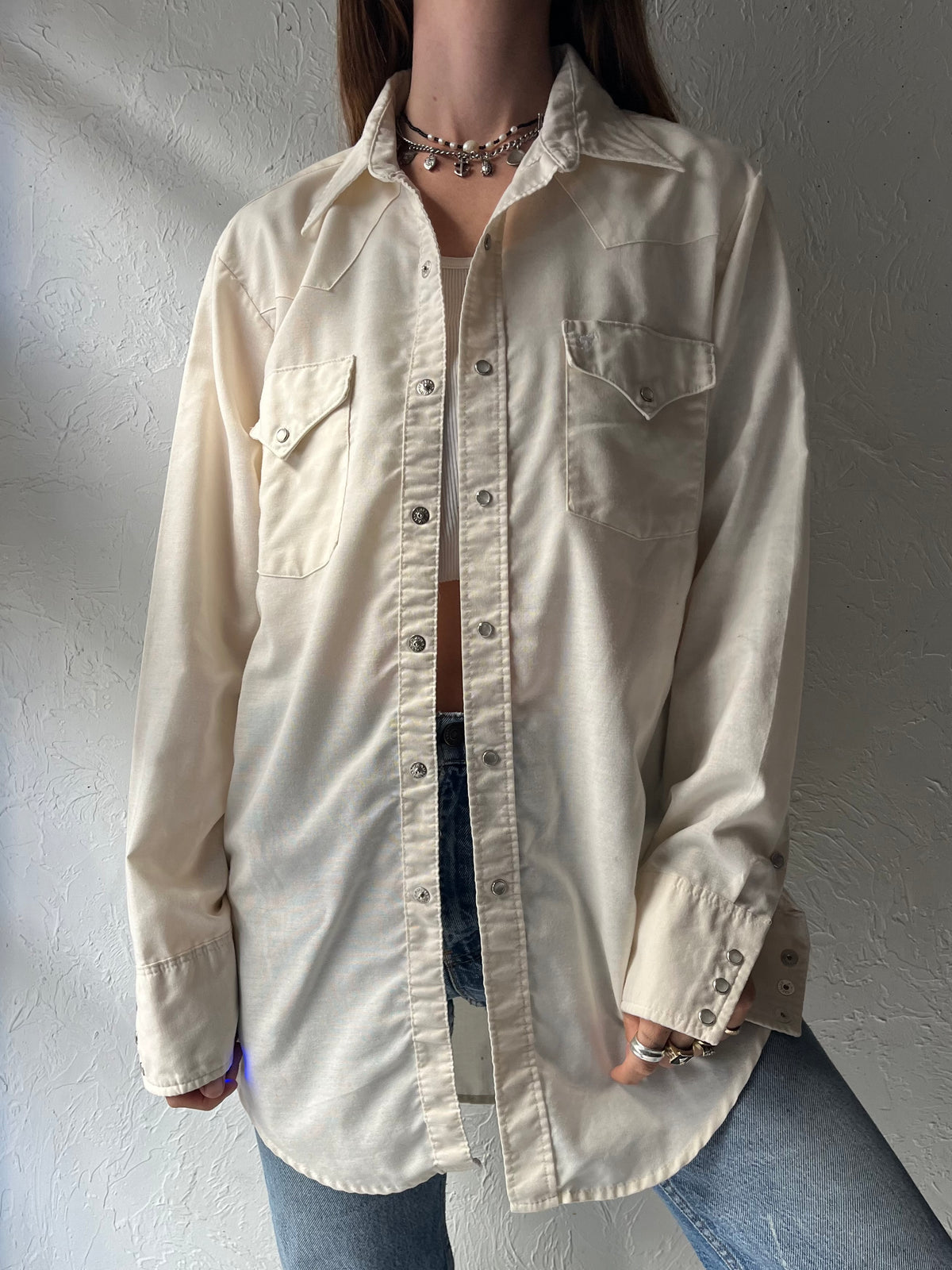80s 'Wrangler' Cream Western Cowboy Workwear Snap Up Oxford Shirt / Medium