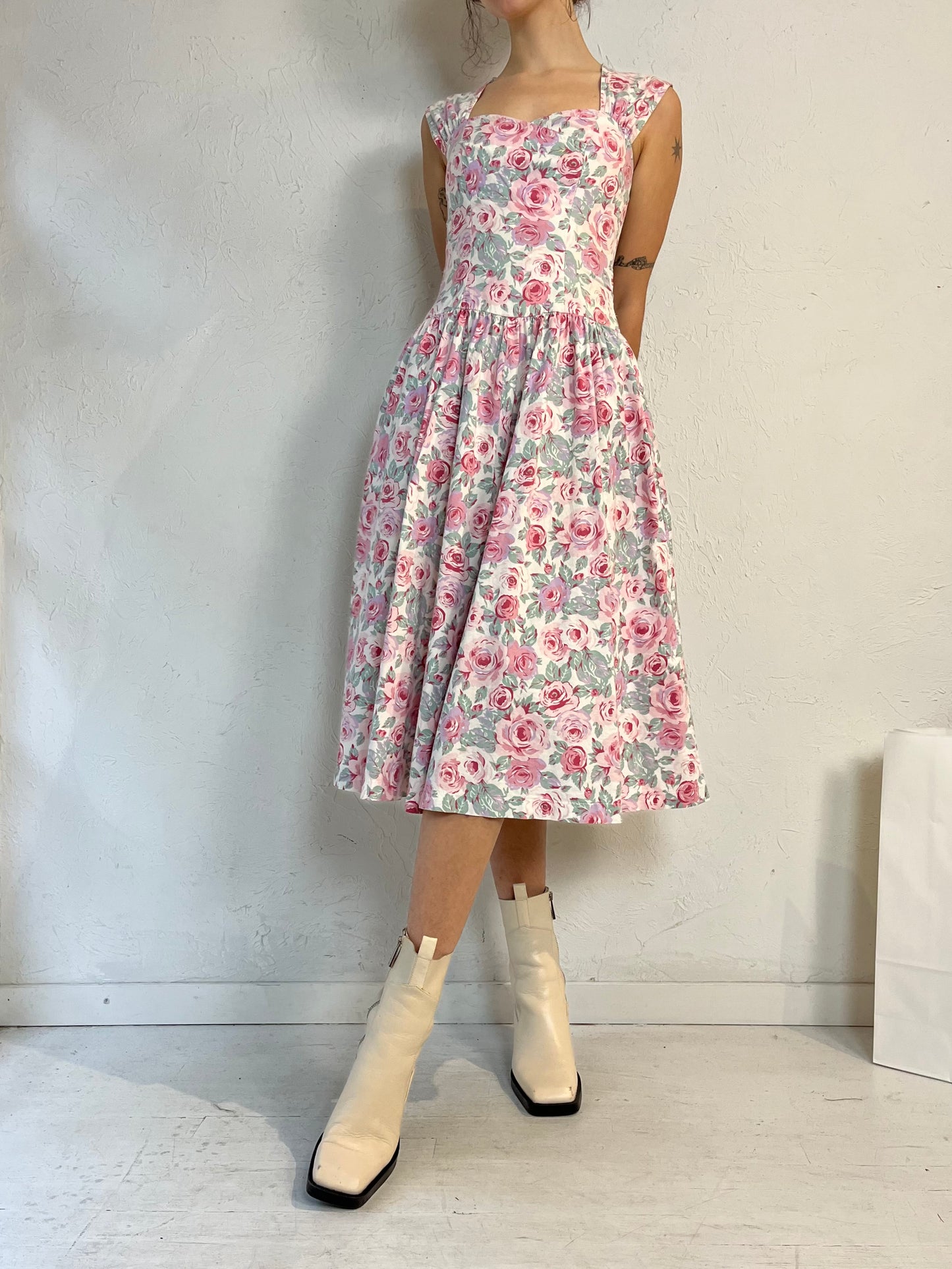 90s 'Joni Blair' Pink Floral Print Cotton Day Dress / Small