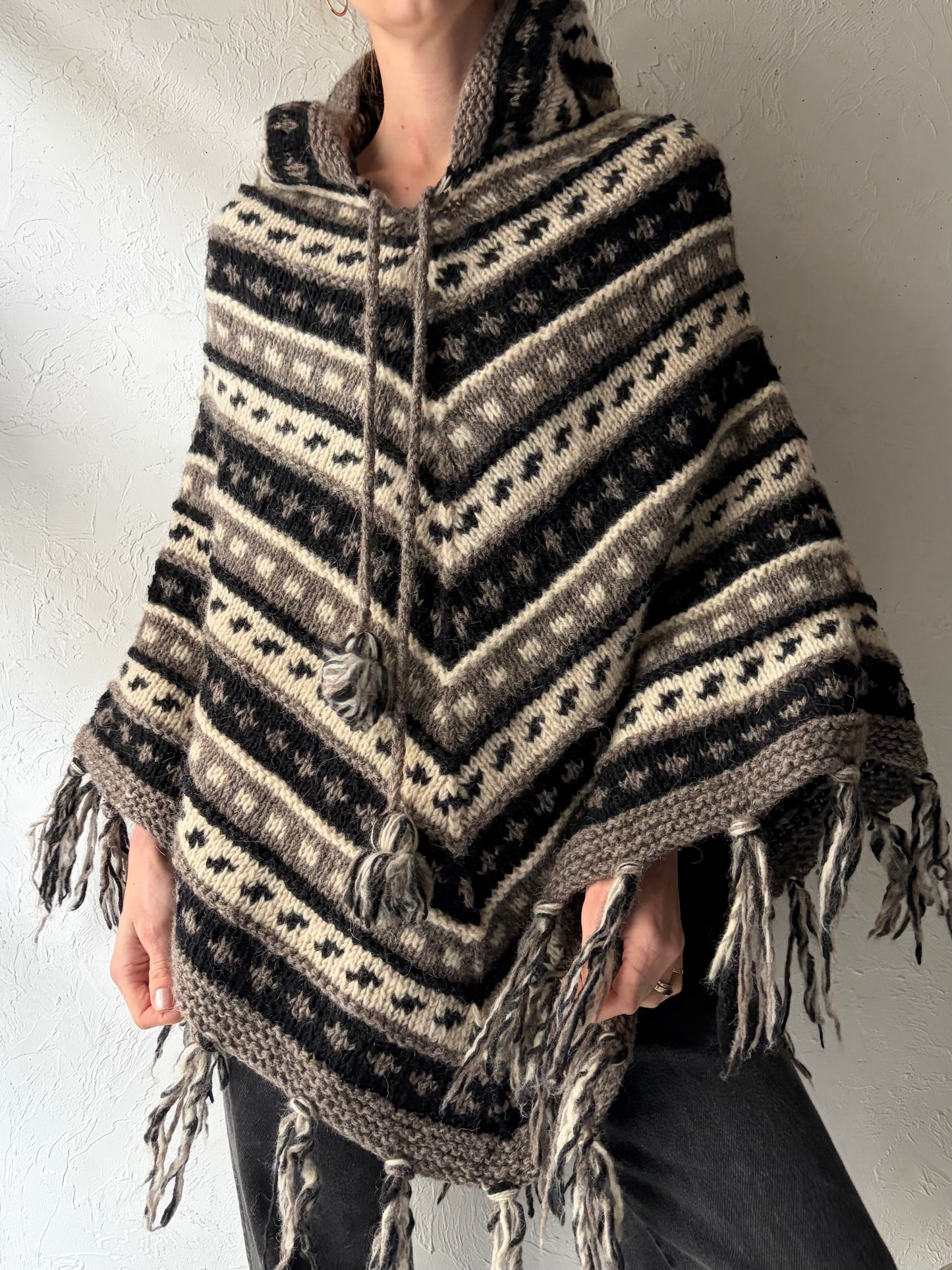 Vintage Hand Knit Wool Hooded Poncho / Small