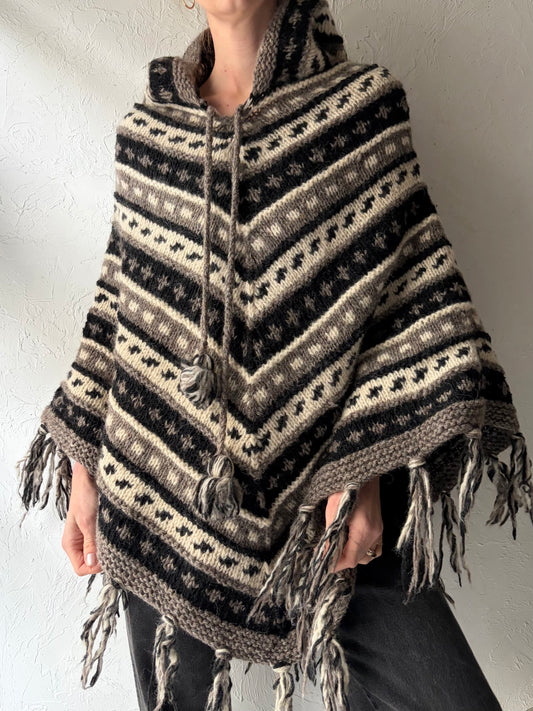Vintage Hand Knit Wool Hooded Poncho / Small