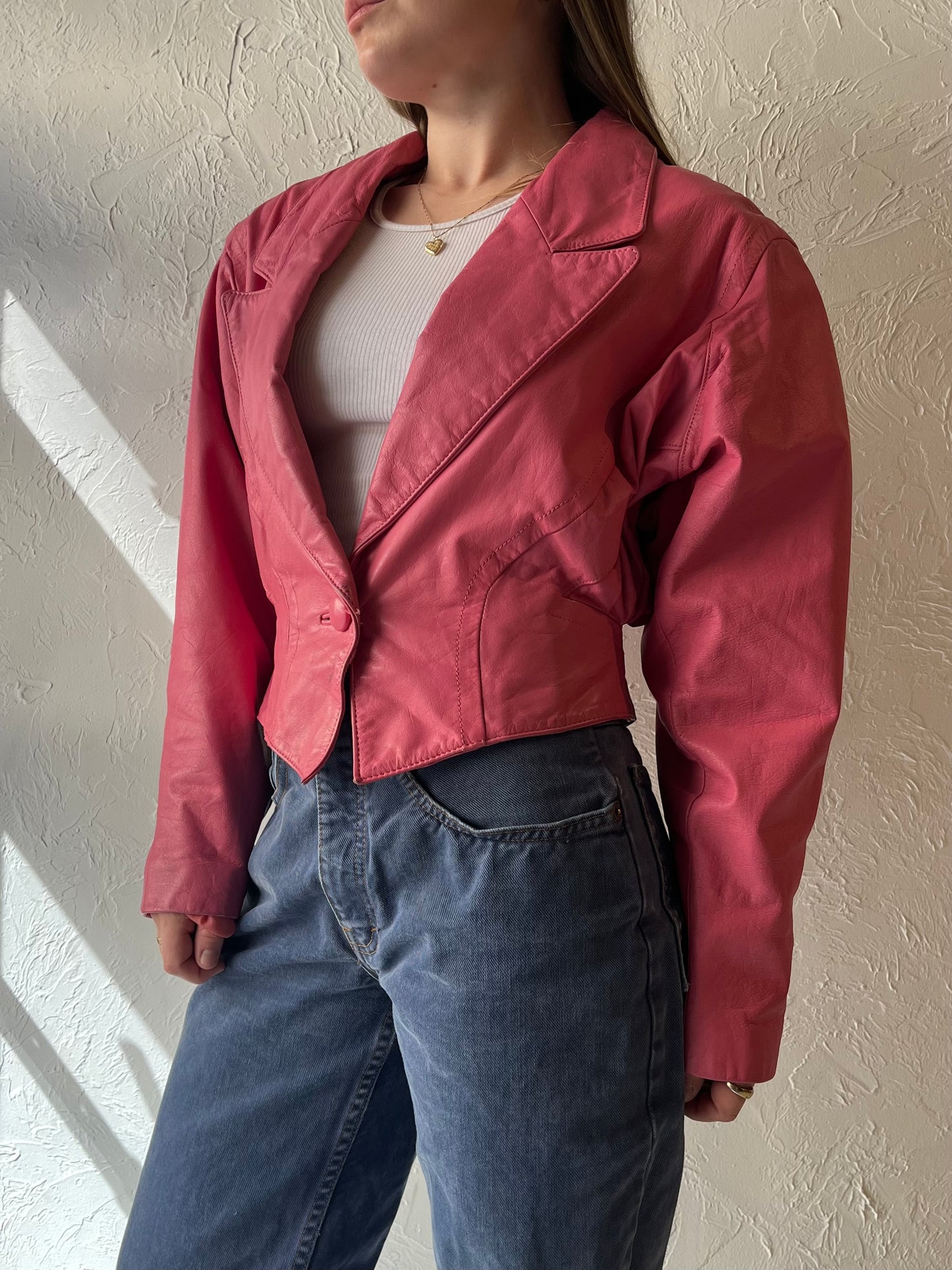 80s 'Chia' Pink Leather Bomber Jacket / Small