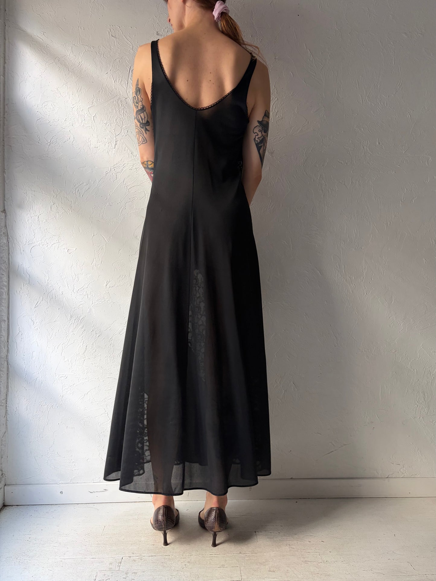 80s Vintage Black Romantic Lace Lingerie Maxi Dress / Gothic Evening Long Dress / Small