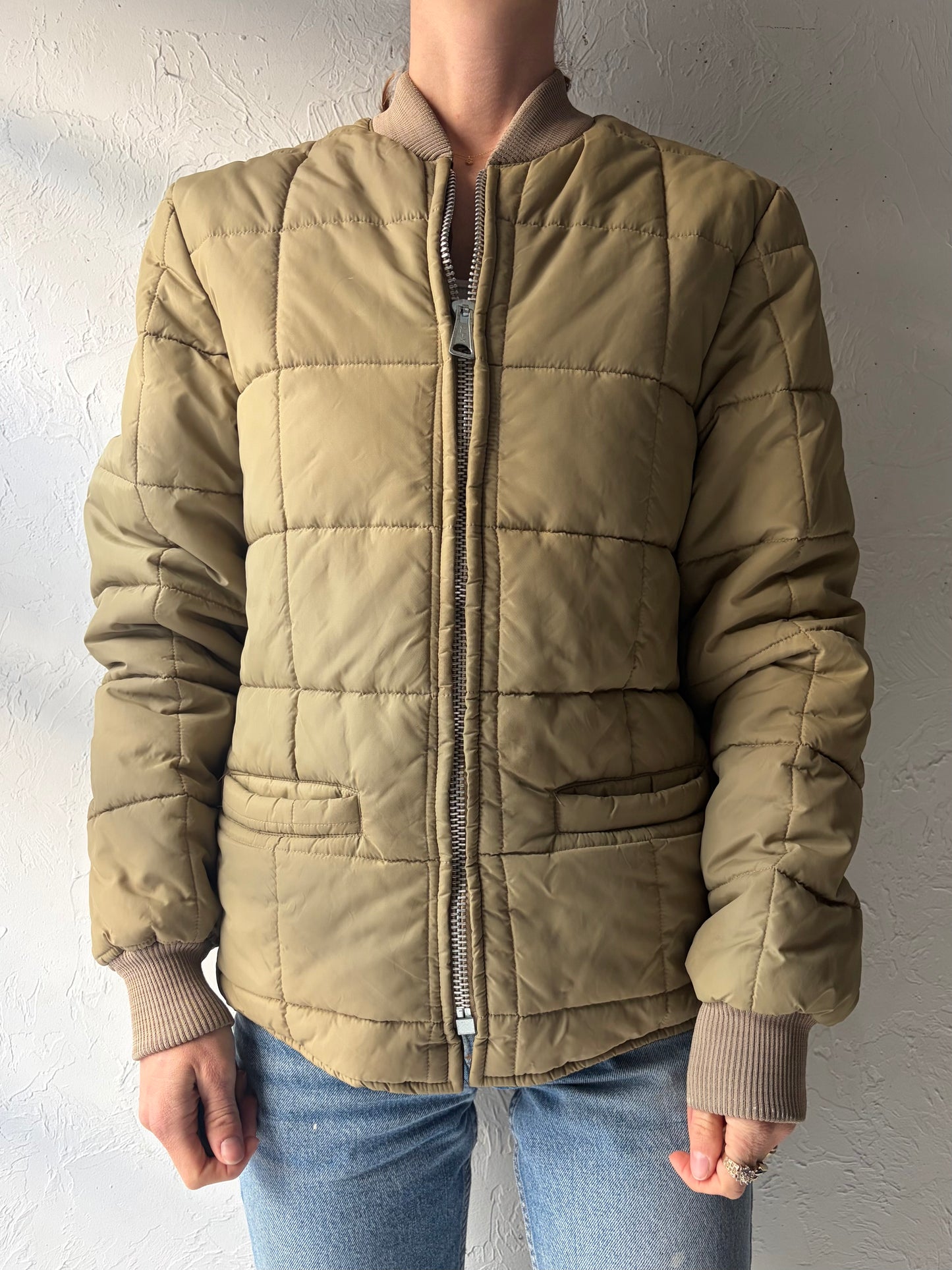 80s 'Esquire' Beige Quilted Minimalist Puffy Reversible Jacket / Vintage 1980s Neutral Lightweight Normcore Winter Outerwear / Small