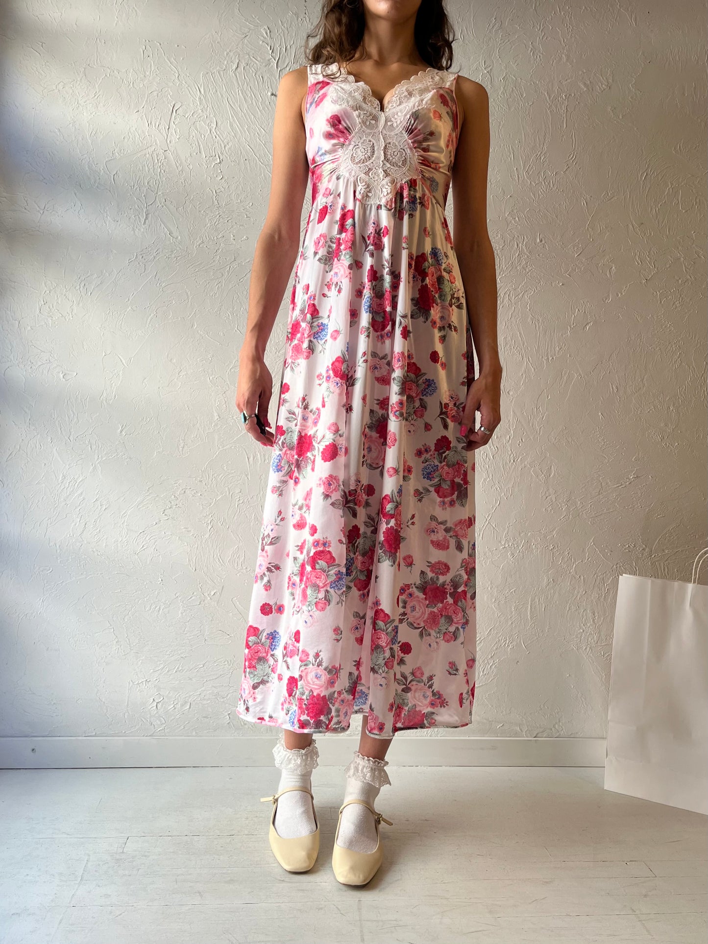 70s 'Olga' White Floral Slip Dress / Small