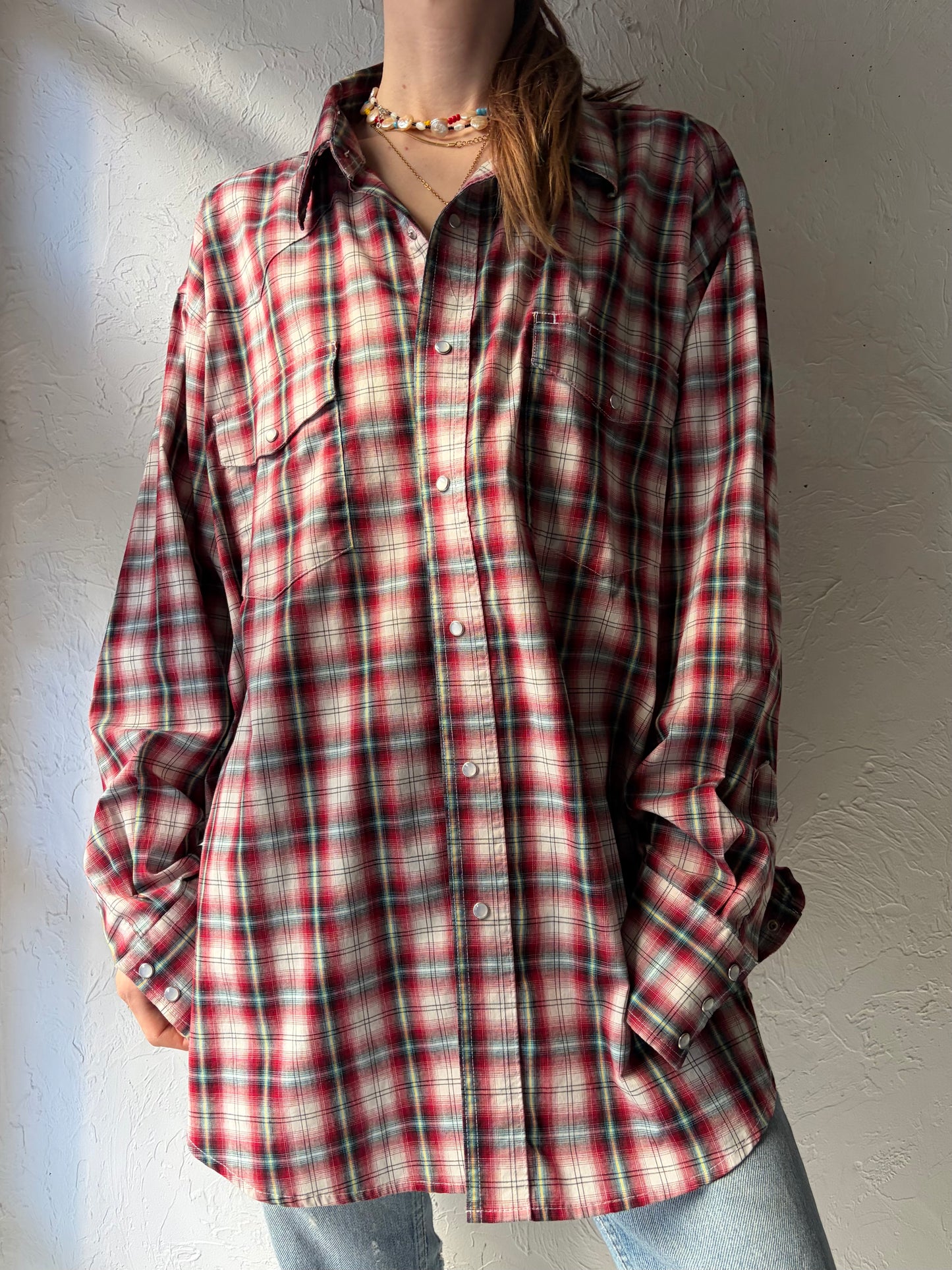 Y2k 'Wrangler' Red Plaid Snap up Western Shirt / XL