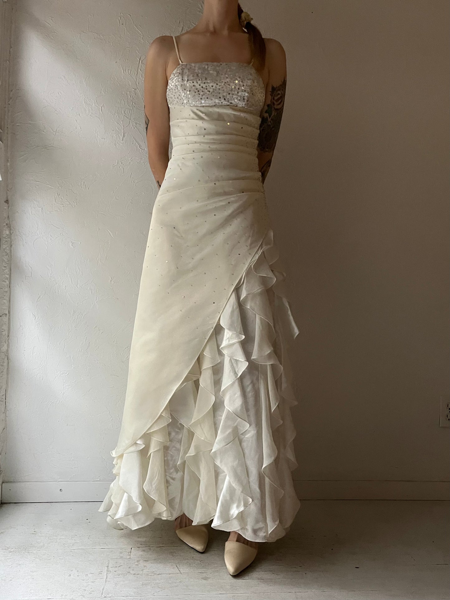 90s 'Jump' White Sequin Formal Dress / Small