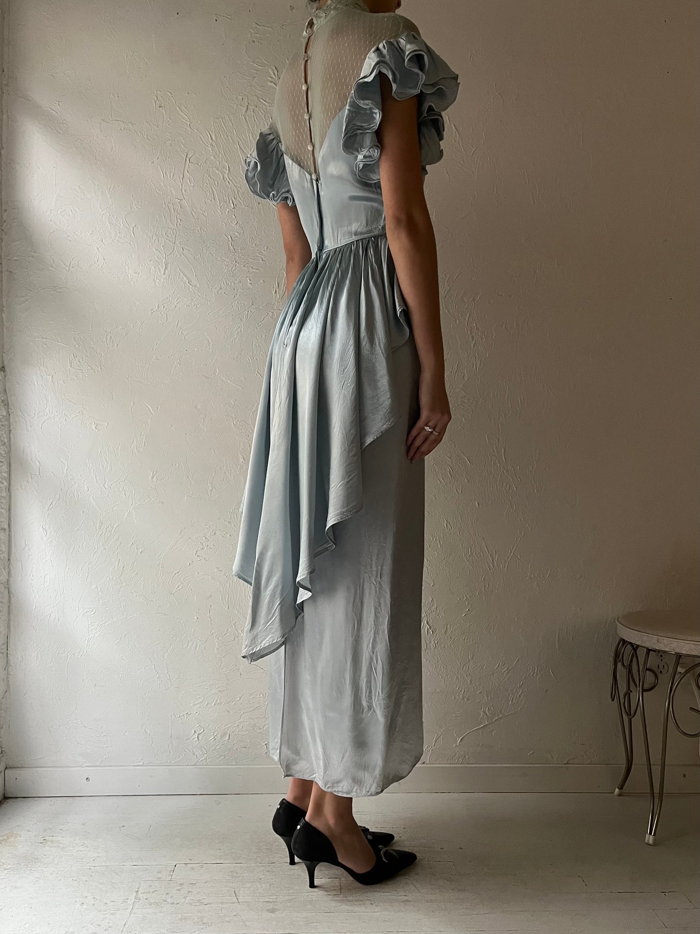 80s Pale Blue Formal Satin Dress / Small