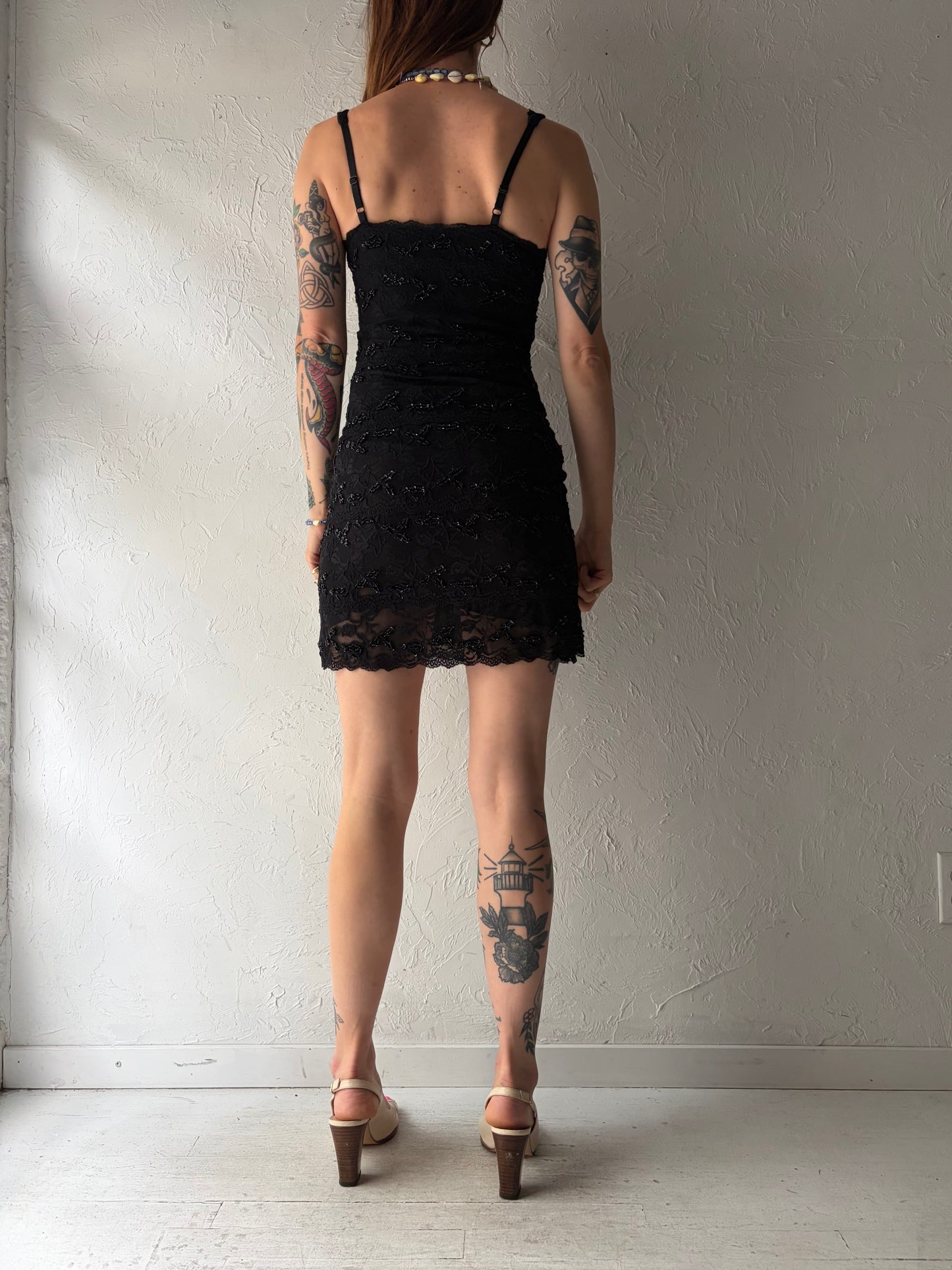 Y2k 'Le Chateau' Black Romanic Lace Beaded Mini Party Dress / XS