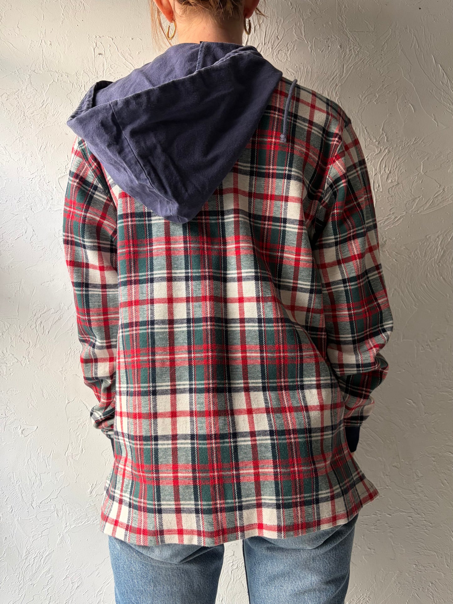 90s 'Polo Ralph Lauren' Plaid Cotton Grungecore Pullover Hooded Sweatshirt / Large