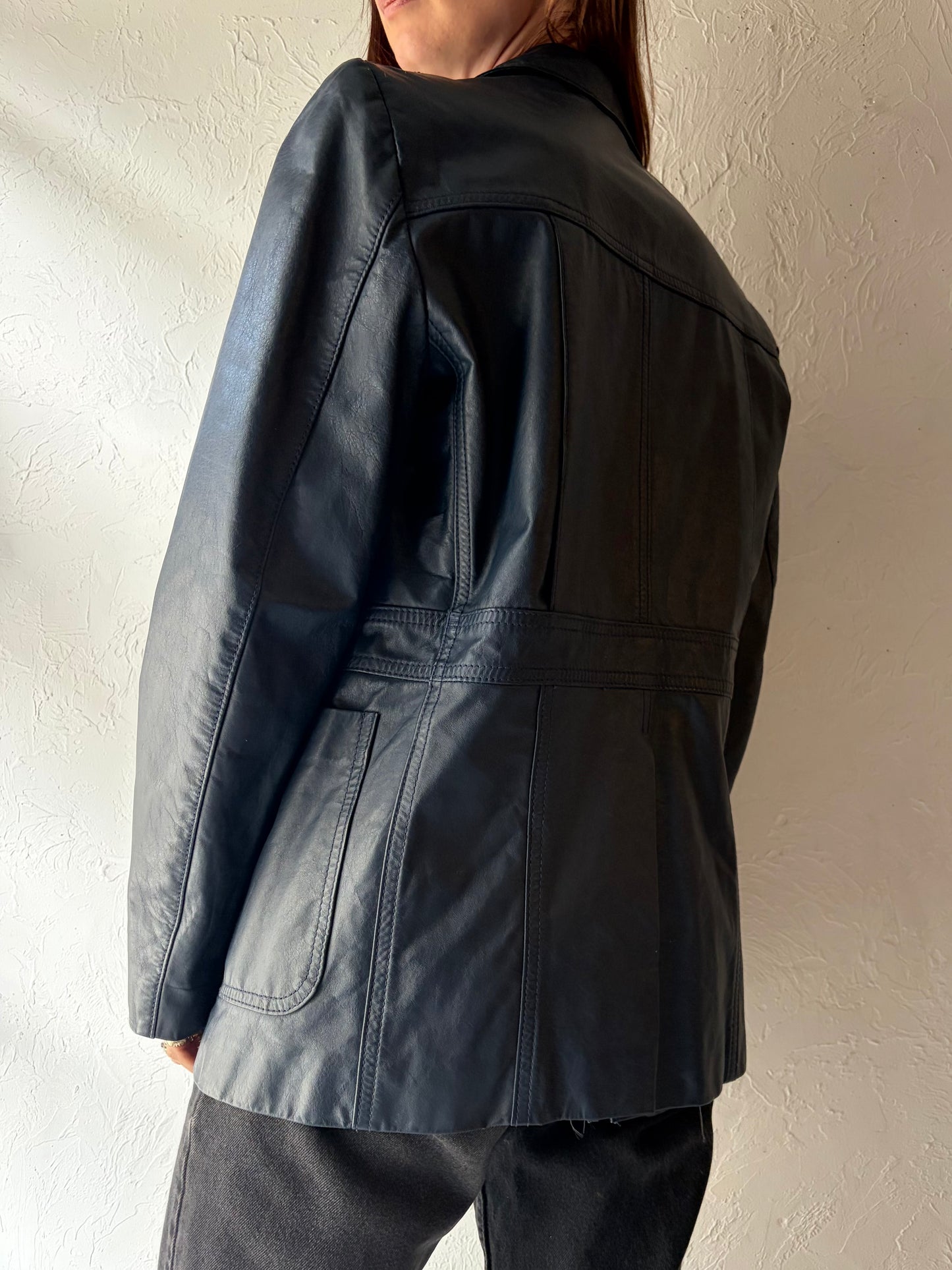 Vintage Minimalist Blue Leather Blazer Jacket / Medium