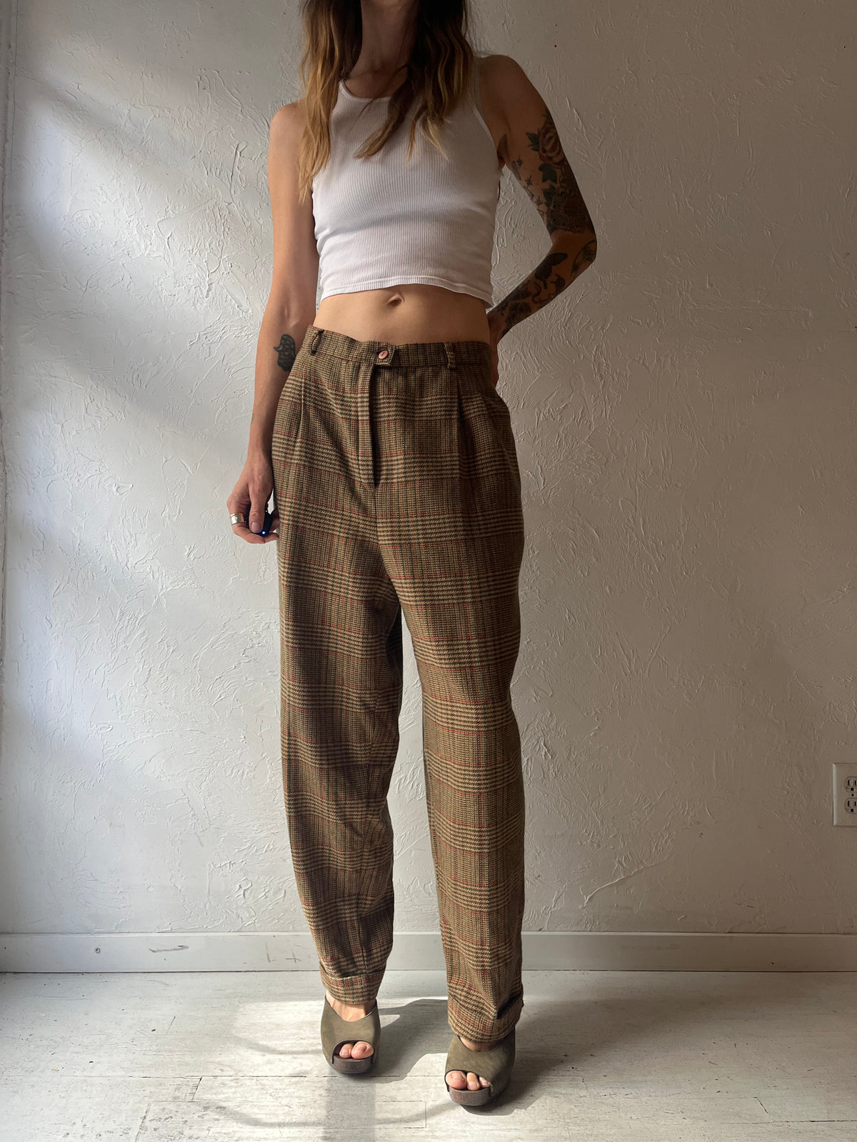 80s 'Bianca Nygard' Brown Plaid Preppy Academia High Waist Fall Trouser Pants / Meidum