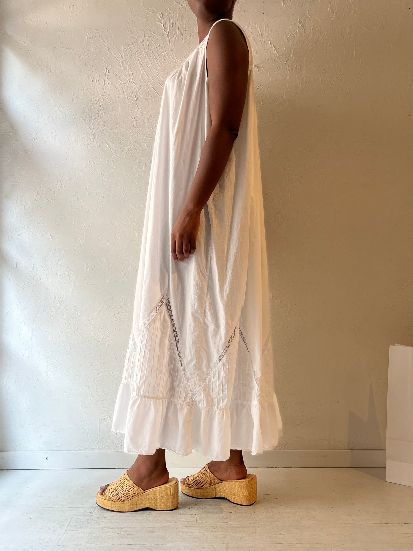 90s 'Eileen West' White Cotton Maxi Dress / Large