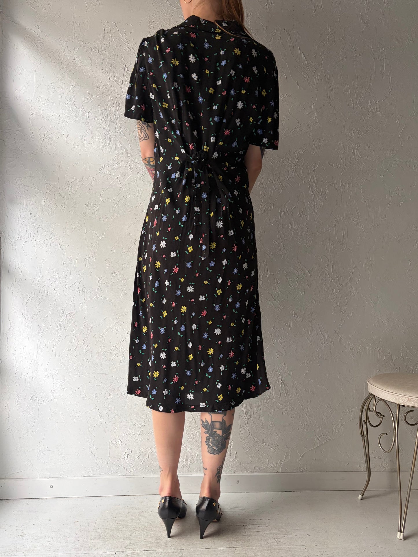 90s Black Floral Print Midi Dress / Small