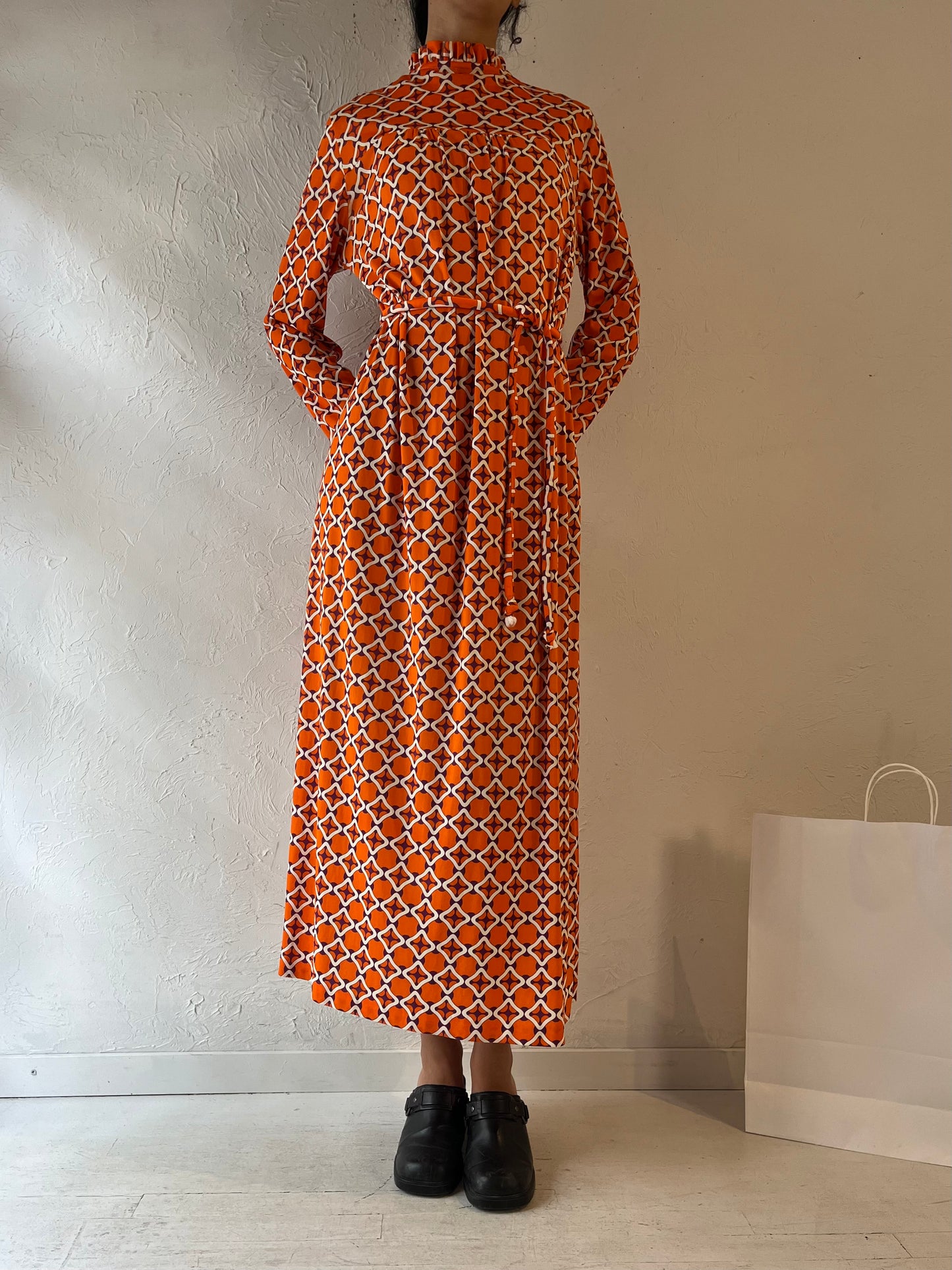 70s Orange Retro Patterned Kaftan Maxi Dress / Small