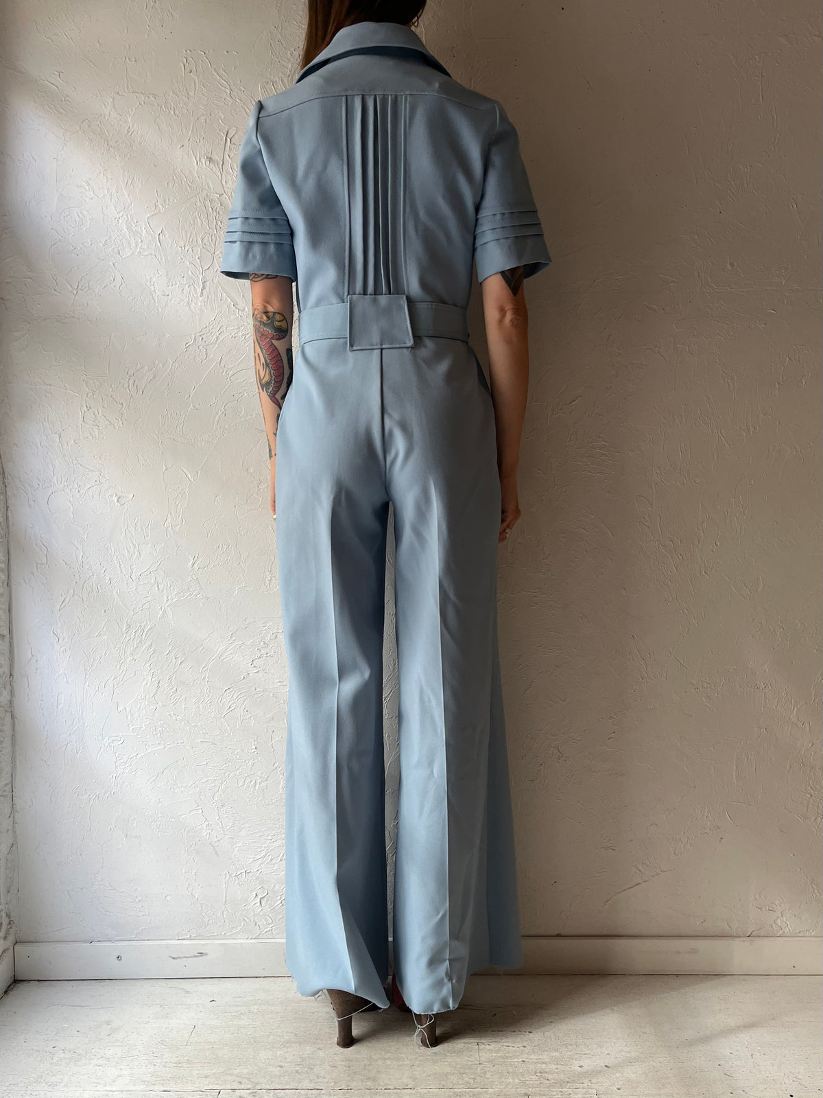 70s 'Billie Jo' Powder Blue Belted Wide Leg Jumpsuit / Retro Mod Short Sleeve Disco Utility Boilersuit / Small