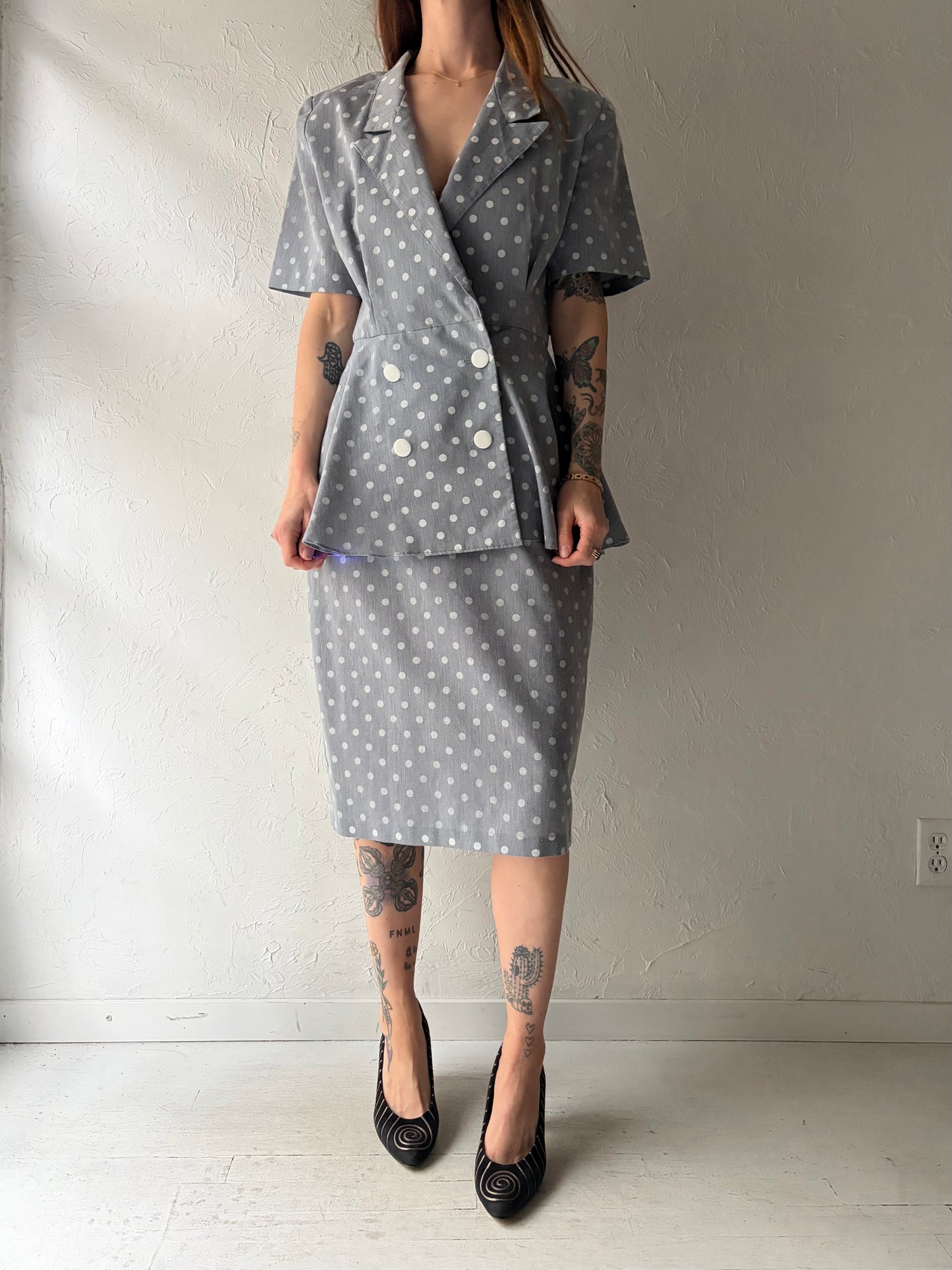 80s 'Just D' Vintage Retro Gray Polka Dot Peplum Dress /