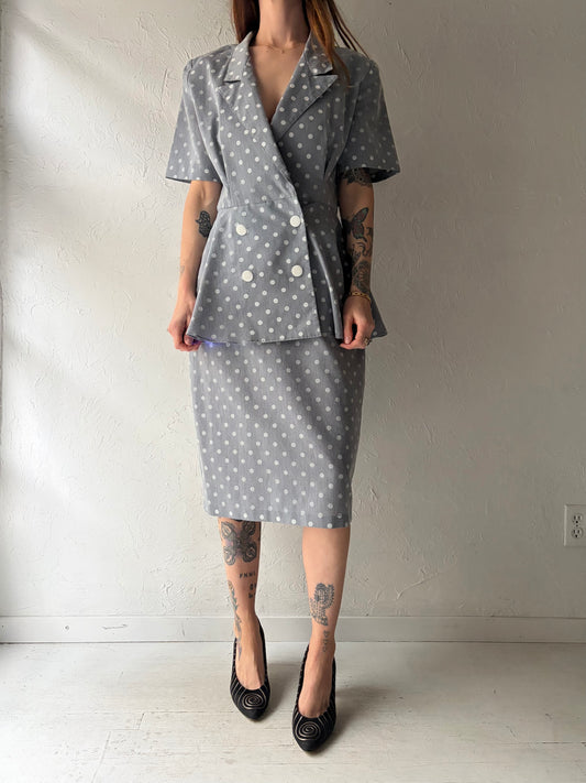 80s 'Just D' Vintage Retro Gray Polka Dot Peplum Dress /