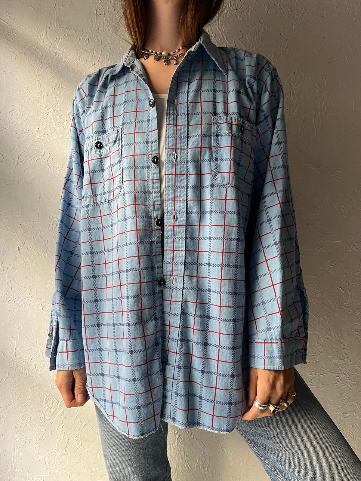 60s Vintage Blue Red Plaid Oxford Button Down Shirt Preppy Ivy League Sportswear / Medium