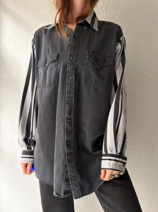90s 'Mid West Garment' Black Striped Western Button Up Cowboy Workwear Shirt / Large