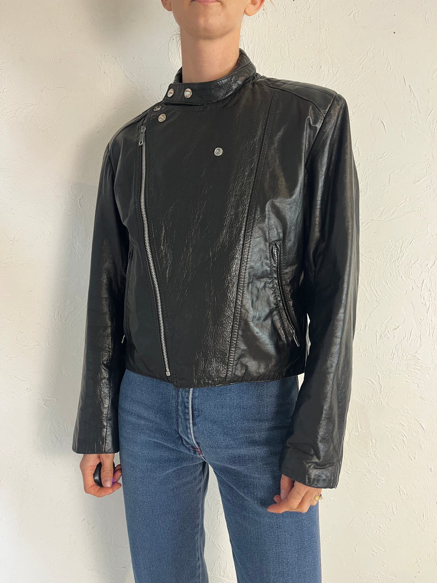 90s 'Skins' Black Leather Moto Jacket / Medium