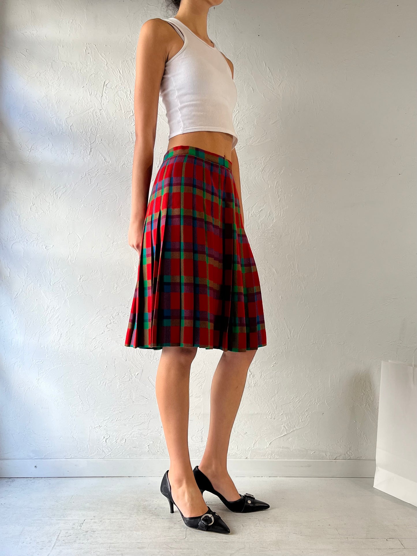 80s ‘Tan Jay’ Pleated Plaid Wool Midi Skirt / Medium