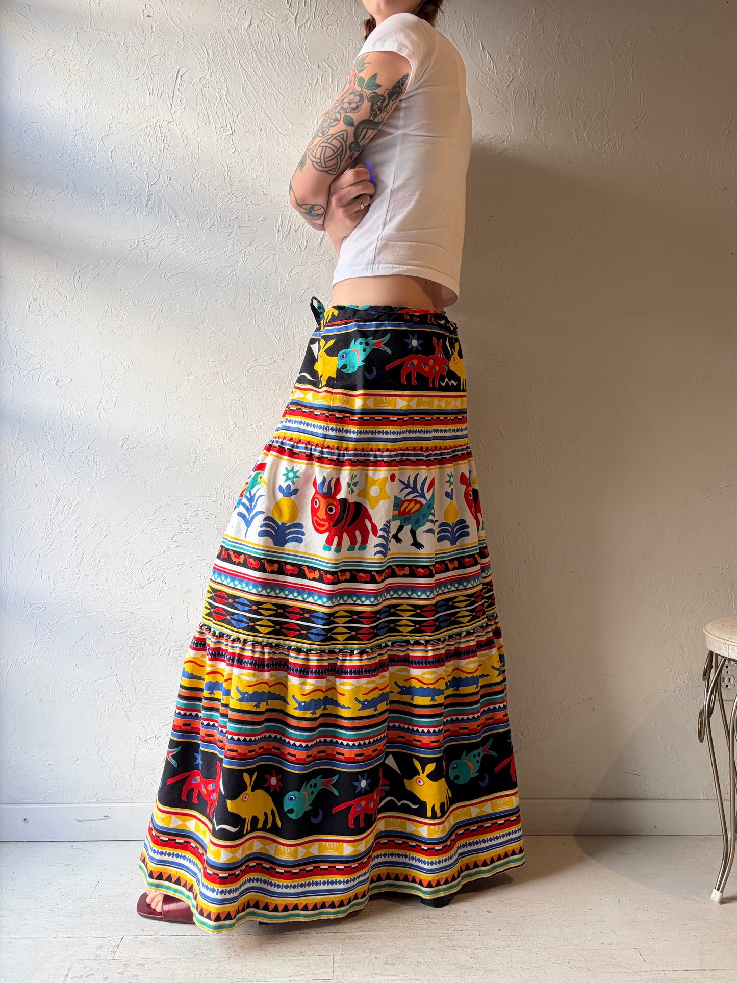 70s Novelty Print Retro Maxi Skirt / Large