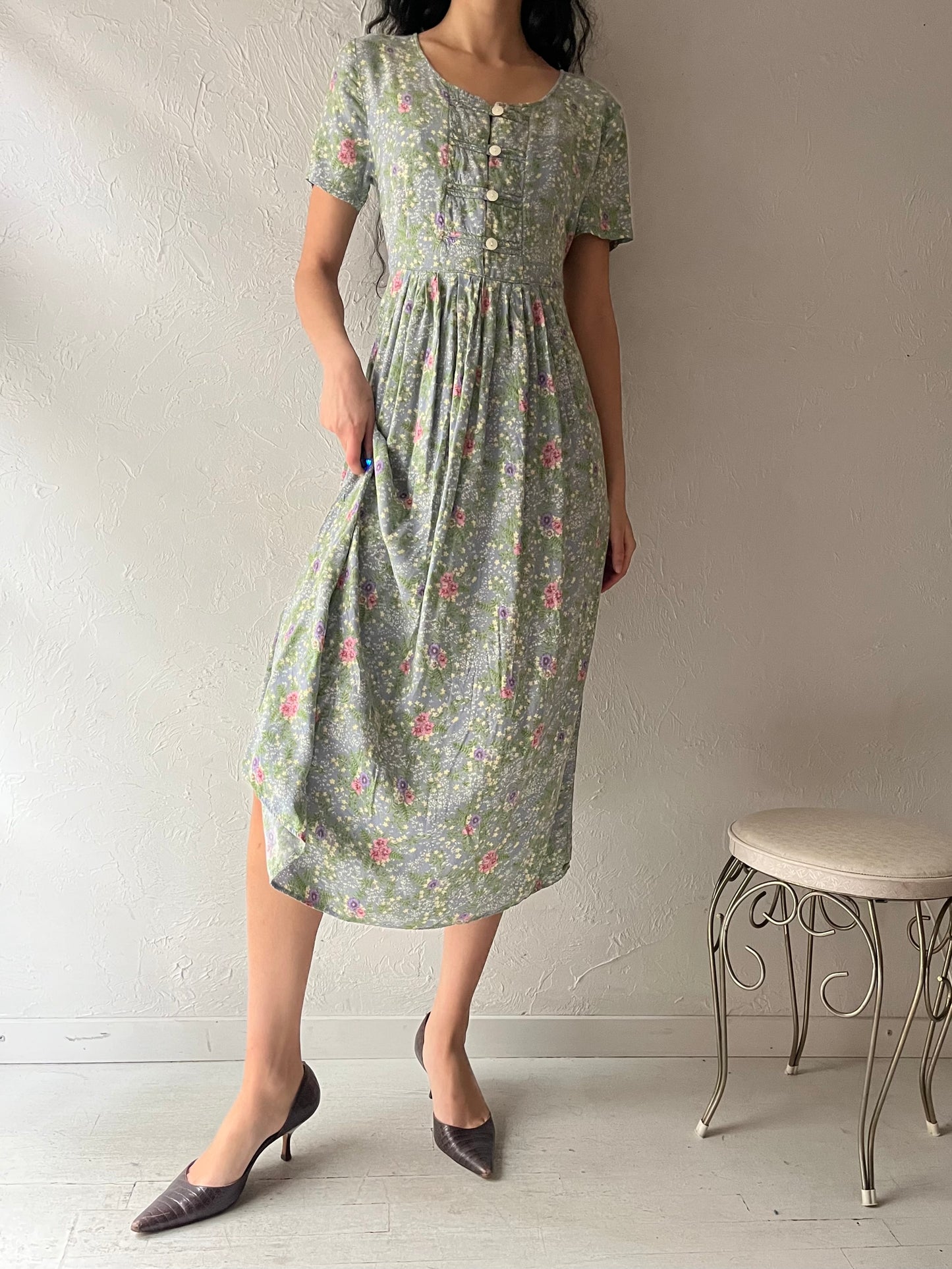 90s 'Chablis' Green Floral Dress / Small