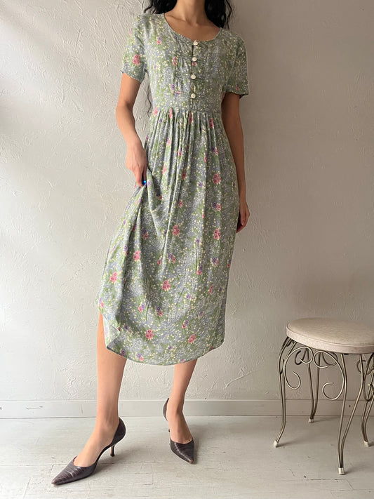 90s 'Chablis' Green Floral Dress / Small