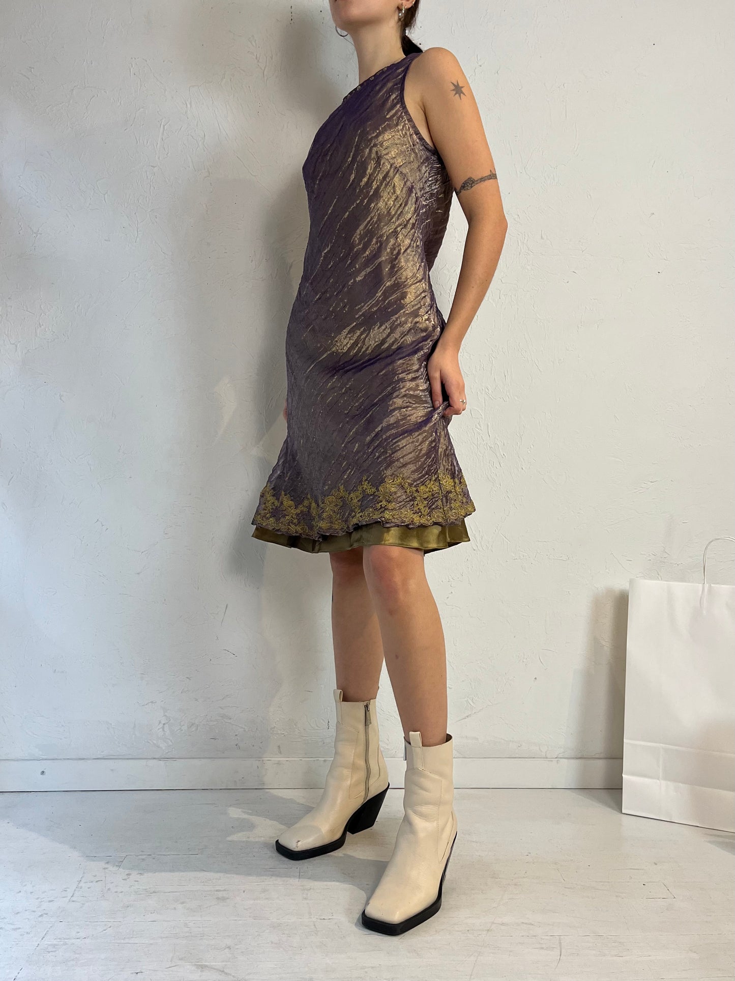 90s 'Angie' Purple Sleeveless Crinkle Dress / Large