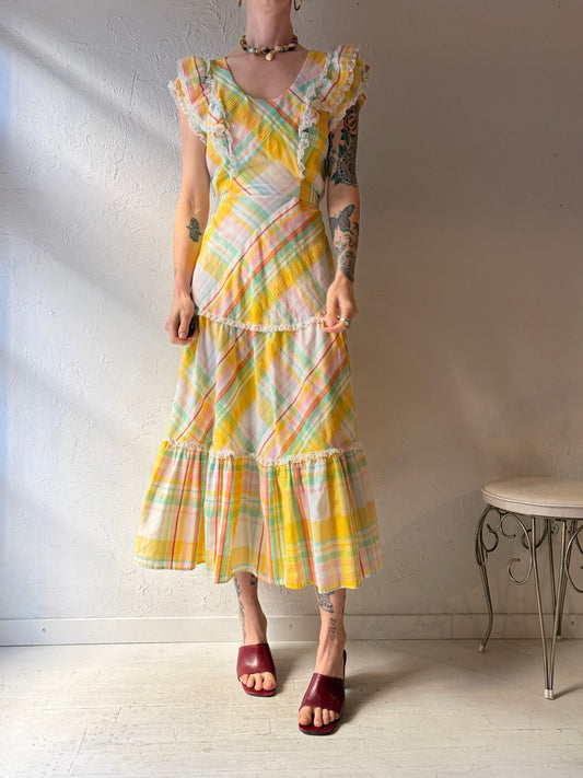 70s ‘Le Voys’ Rainbow Plaid Peasant Midi Dress / Small