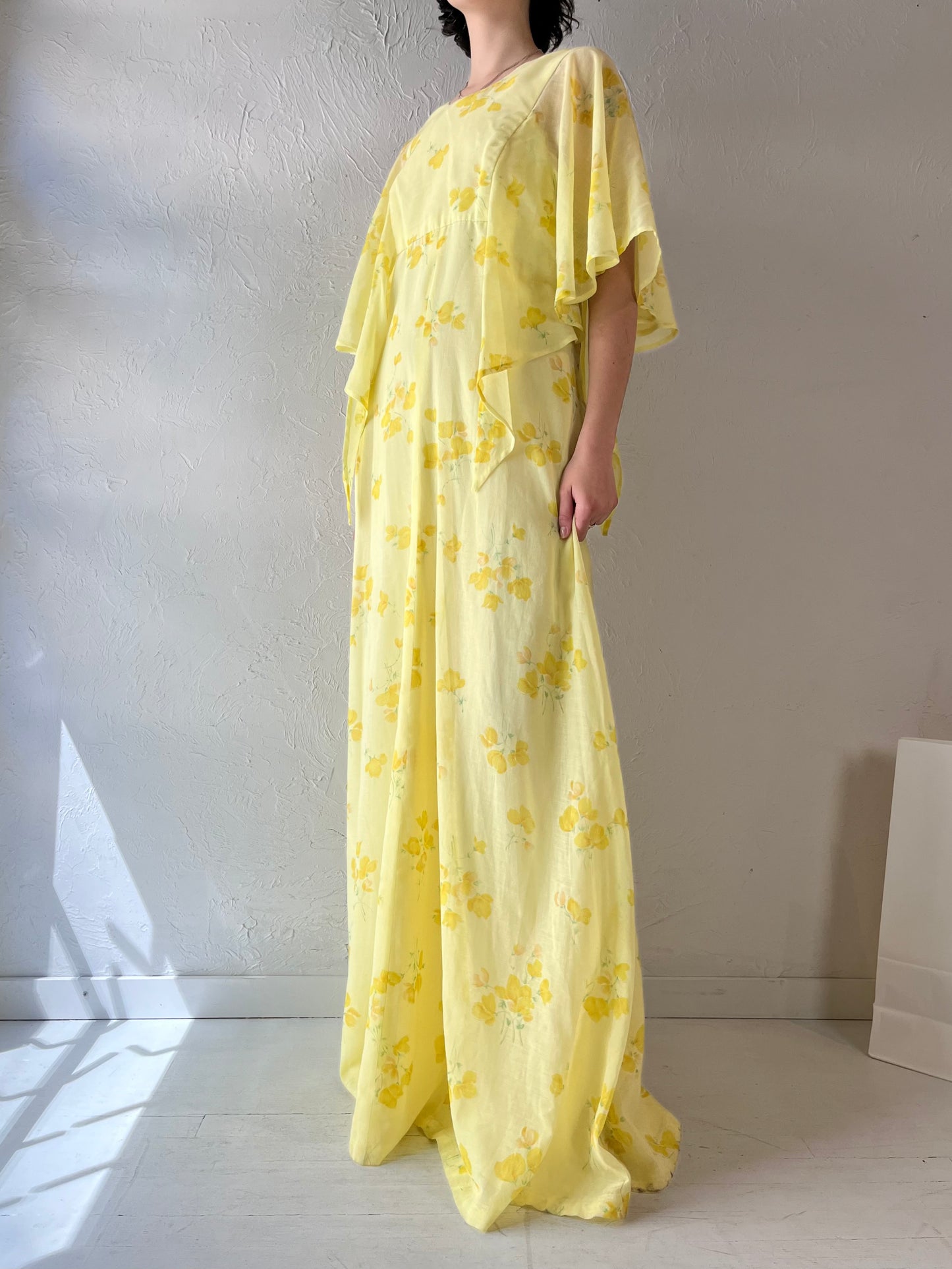 Vintage Handmade Yellow Floral Maxi Dress / Medium