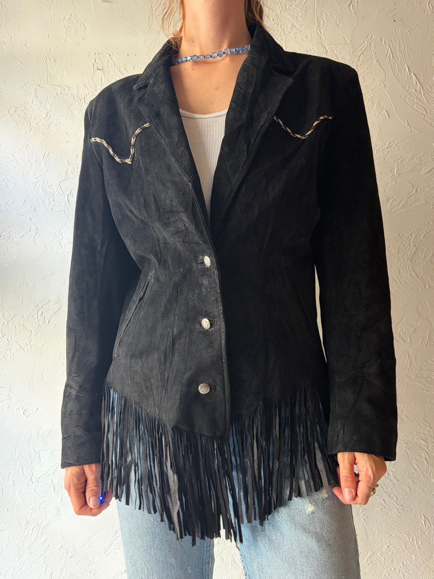 90s 'Pioneer Wear' Black Suede Leather Fringe Jacket / Medium