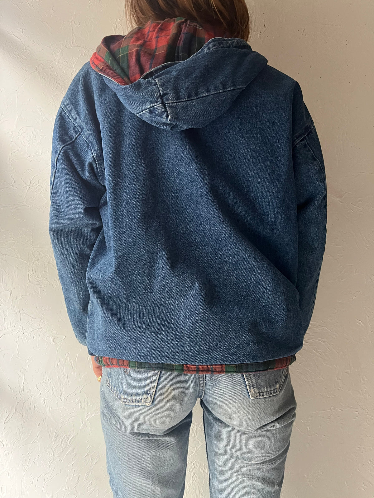 90s 'Bay Club' Plaid Lined Hooded Denim Bomber Jacket / Small