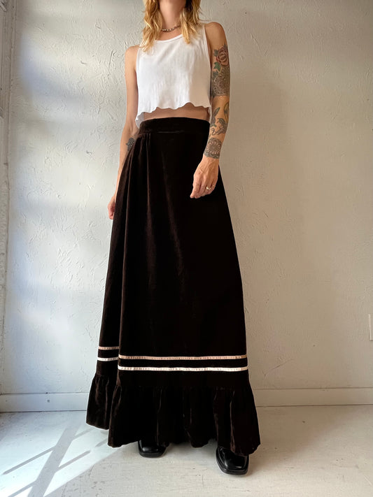 70s 'Malouf' Brown Velvet Maxi Skirt / Small