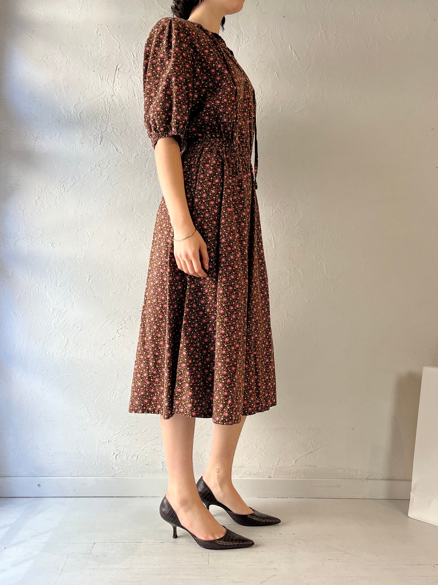 90s Handmade Brown Floral Print Midi Dress / Medium