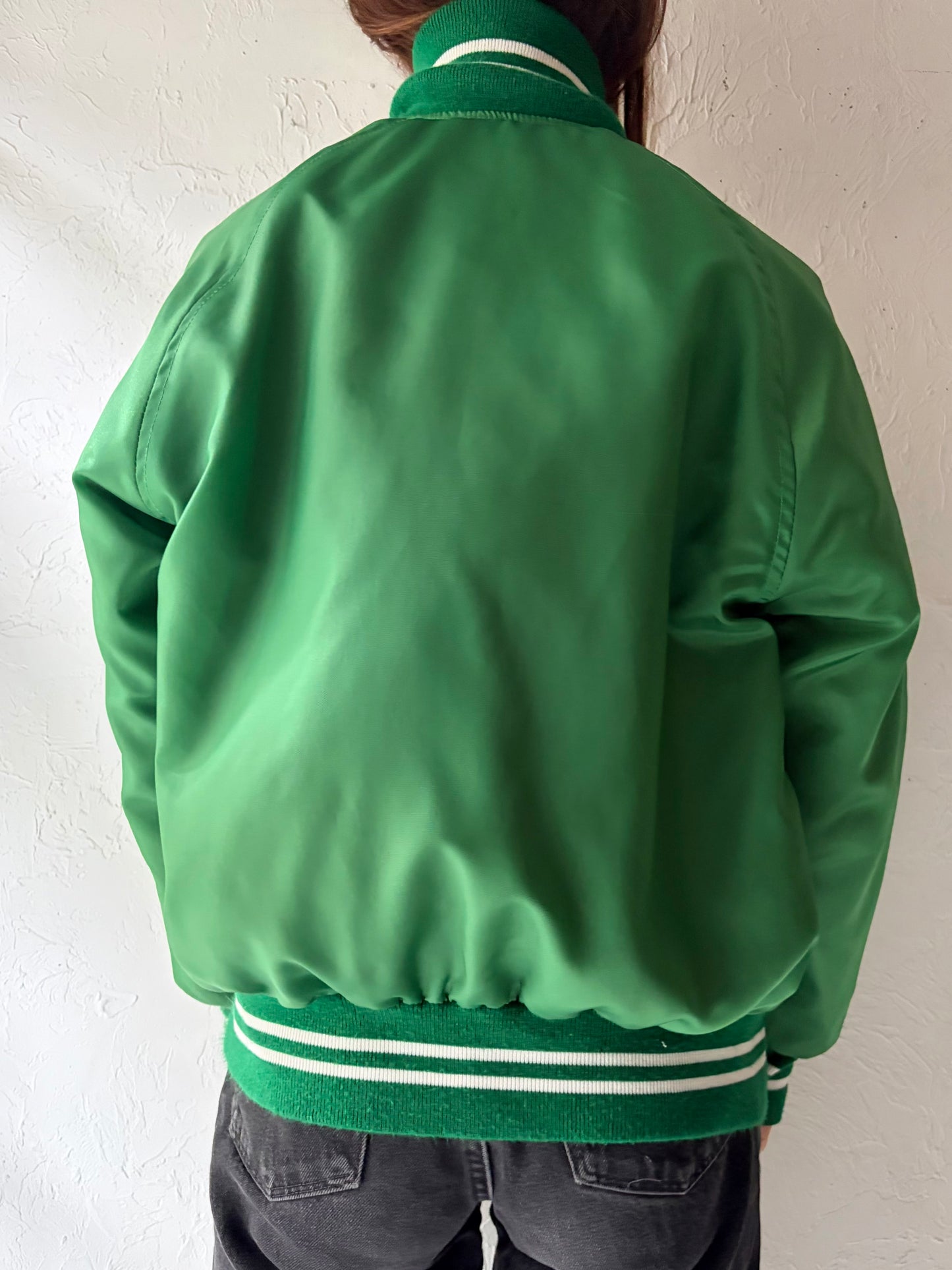 80s 'Jade Drilling' Green Retro Nylon Street Wear Bomber Jacket / Small