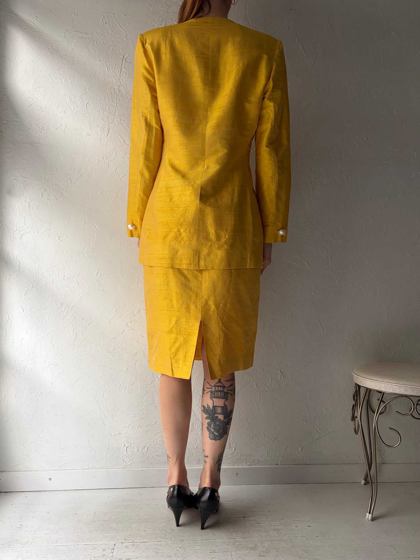80s 'Raffinati' Two Piece Yellow Silk Suit Skirt Set / Small